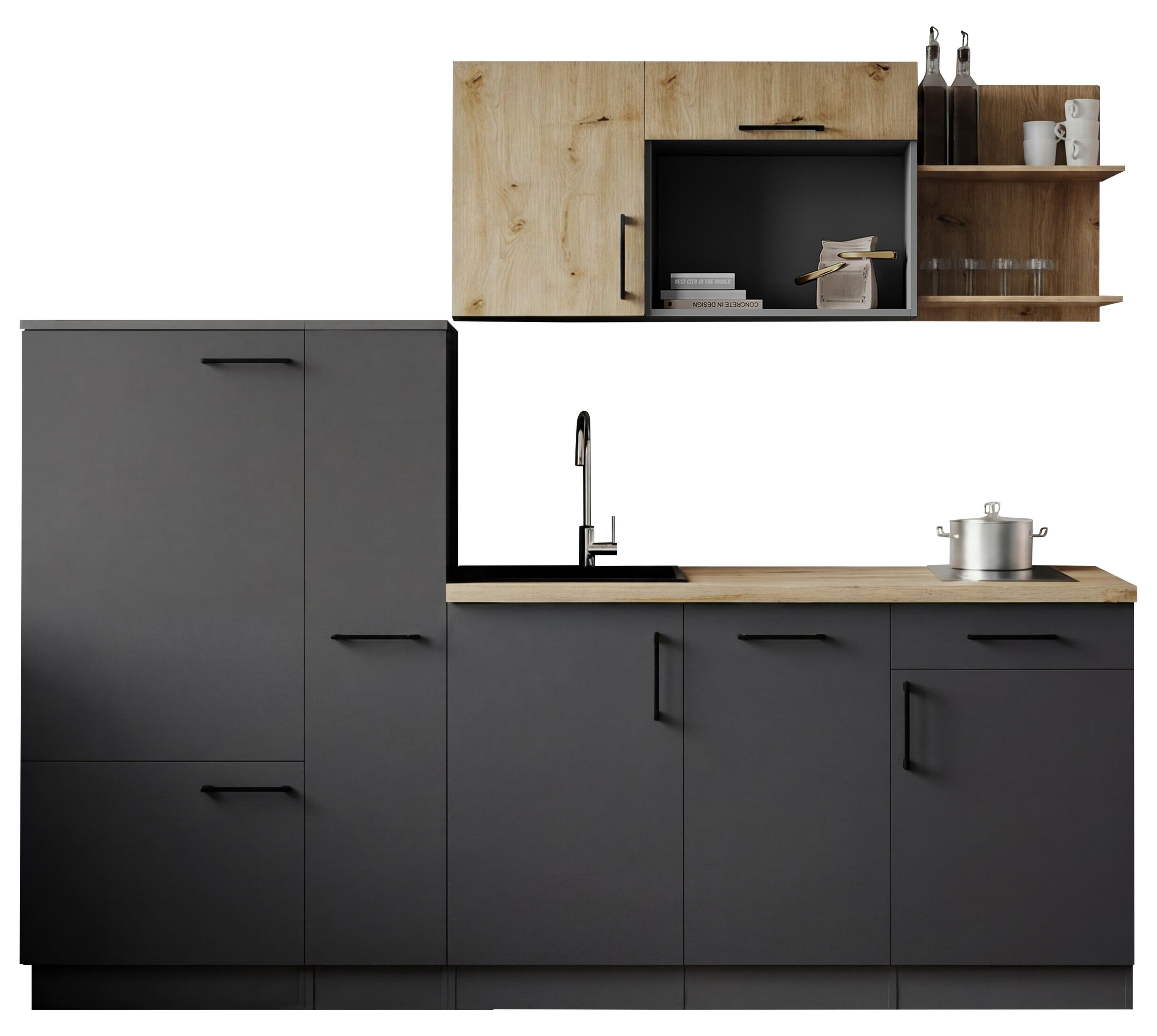Respekta Küche Küchenzeile Oliver Singleküche 235 cm mit Fronten in – Grau Matt / Artisan Eiche Nachbildung