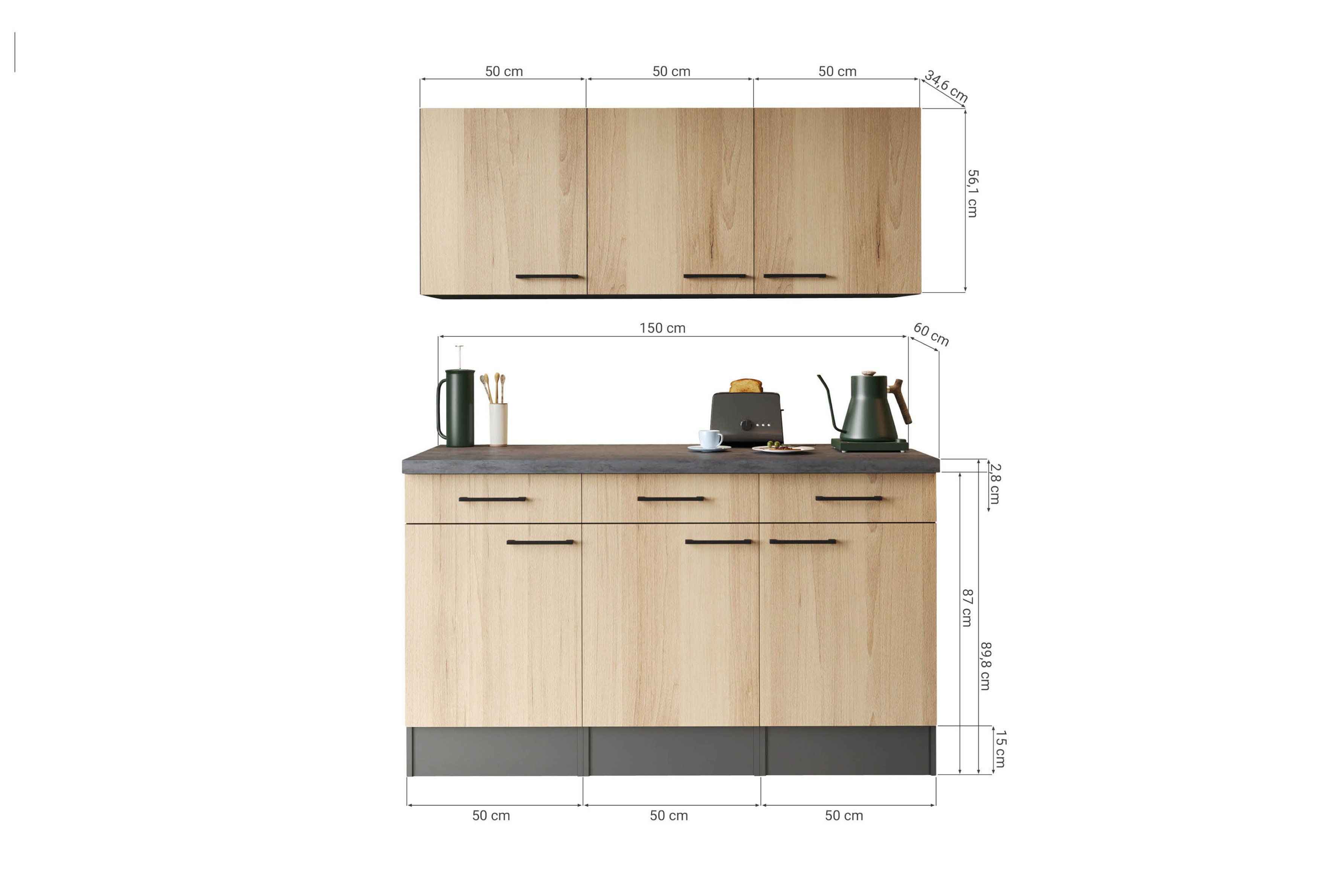 Sideboard Küchenschrank Oberschrank 150 cm Grau Matt Oliver Respekta
