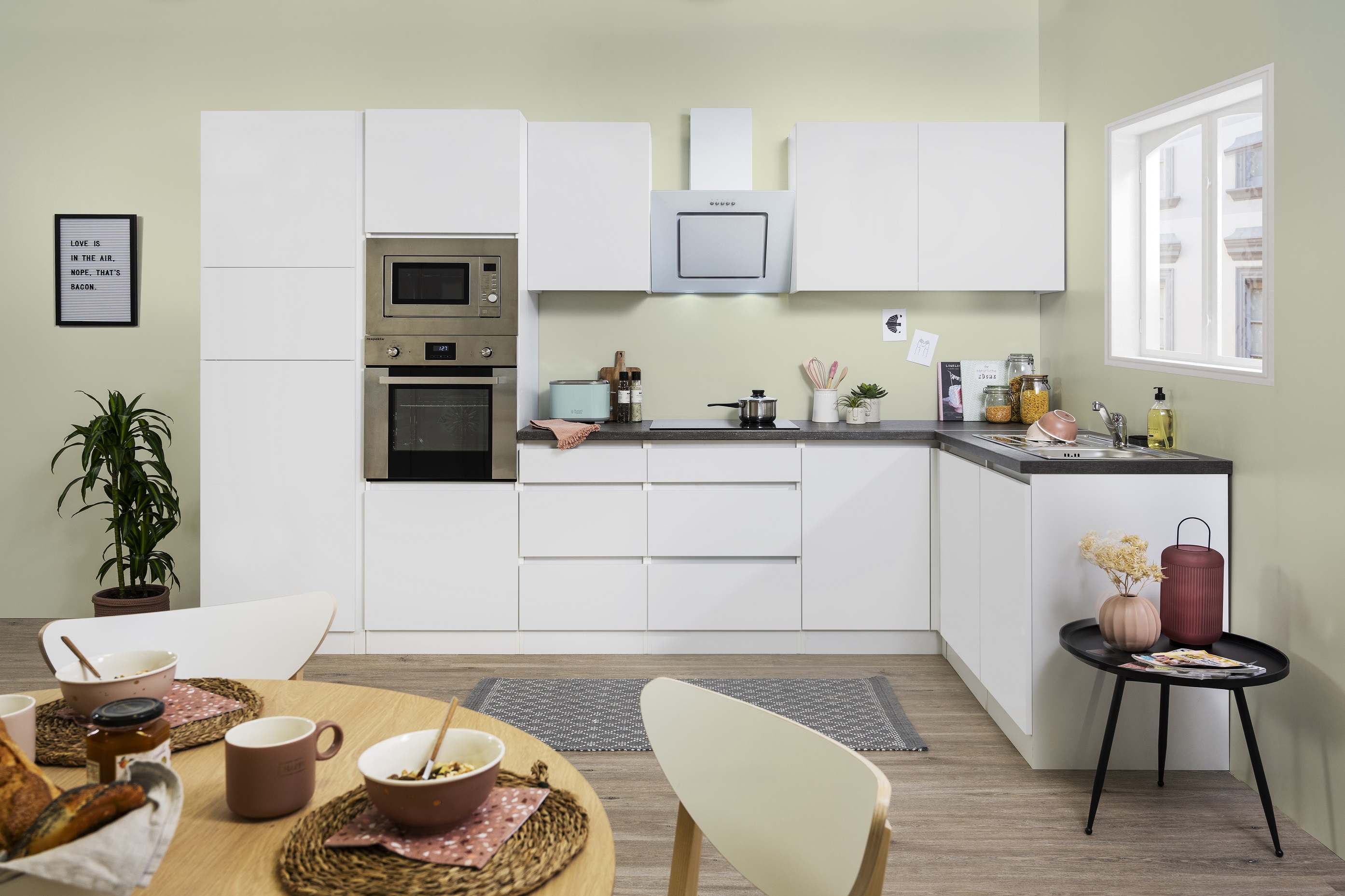 Angolo cucina unità cucina a forma di L cucina senza maniglie bianco 345x172 cm respekta