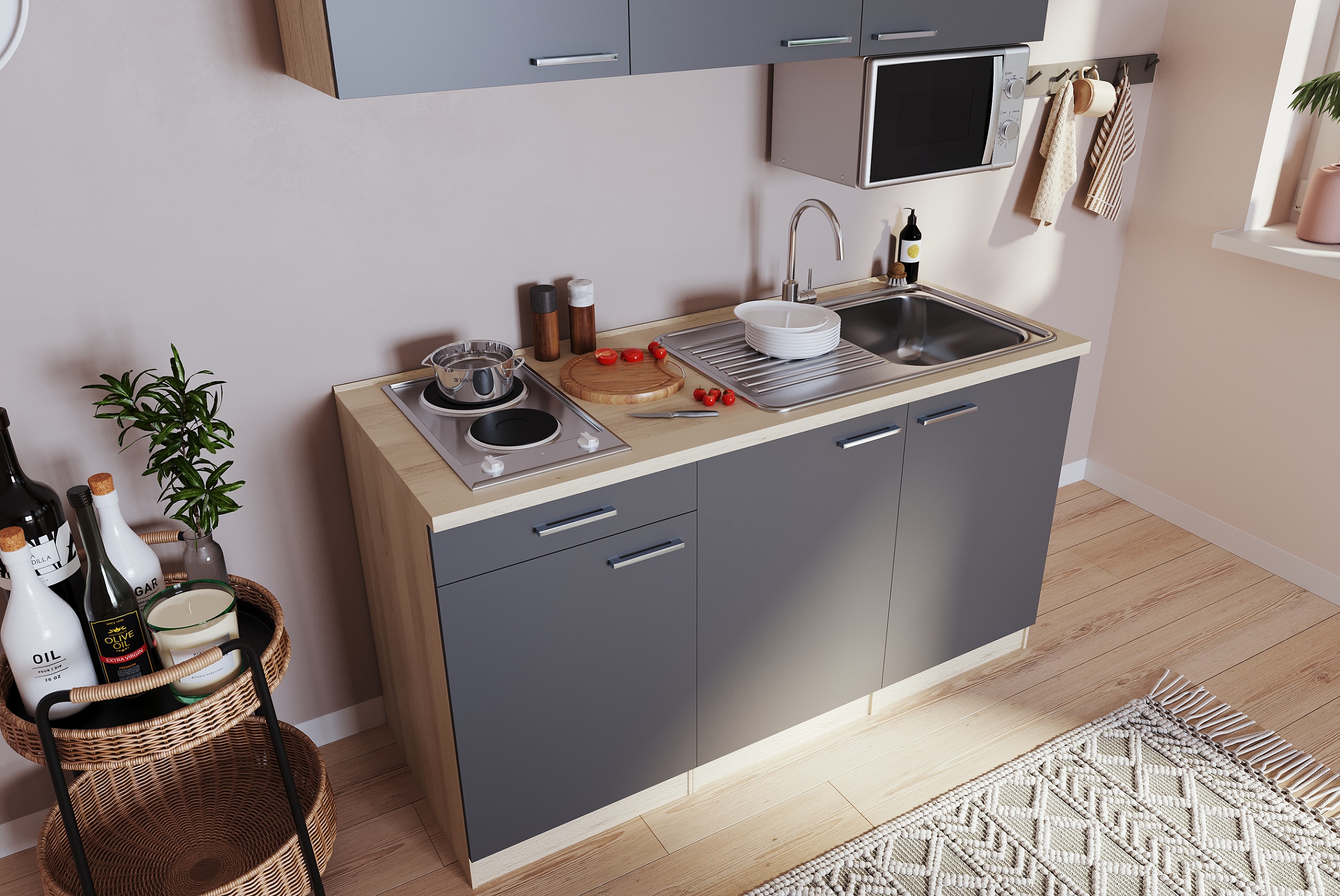 Respecta mini kitchen Luis 150 cm rough sawn gray gray without fridge single kitchen