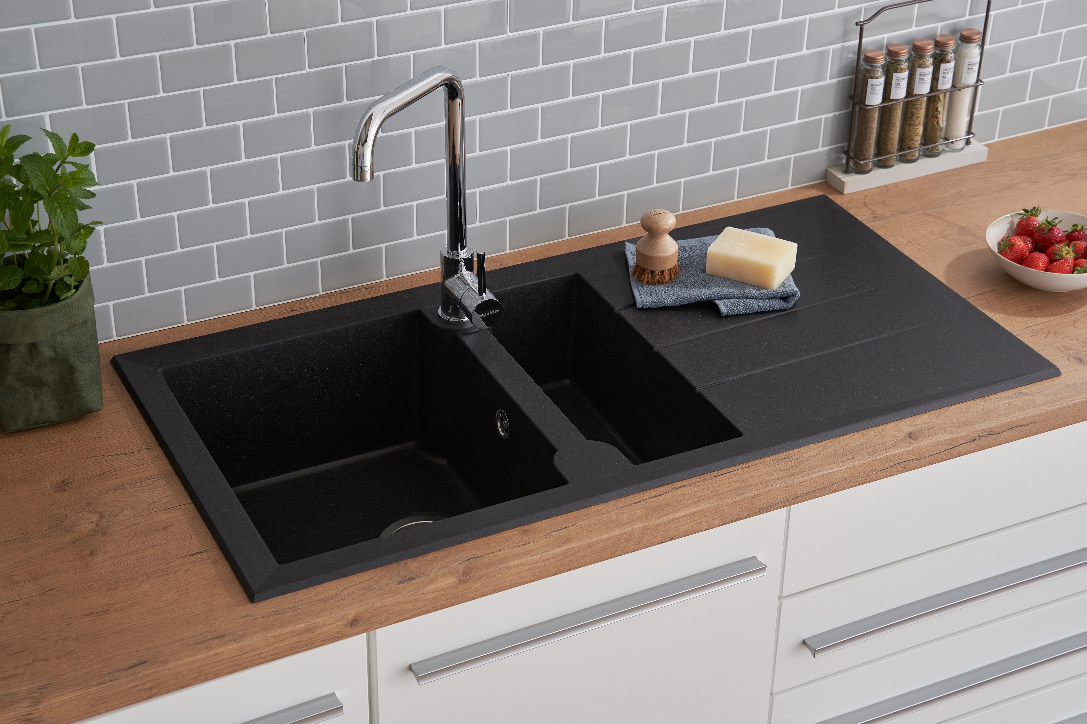 Verpackungsschaden Küchenspüle Einbauspüle Spüle Granit Mineralite 100 x 50 Schwarz Respekta Alineo