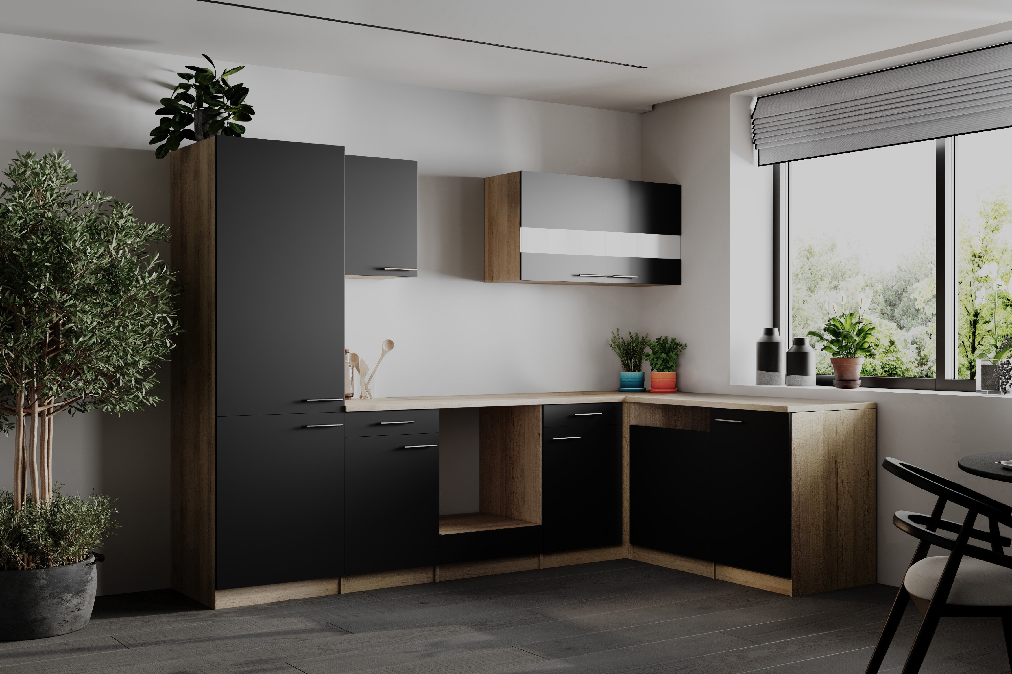 L Küche Einbau Winkelküche Leerblock Eiche Sägerau Schwarz Merle 280 cm Respekta