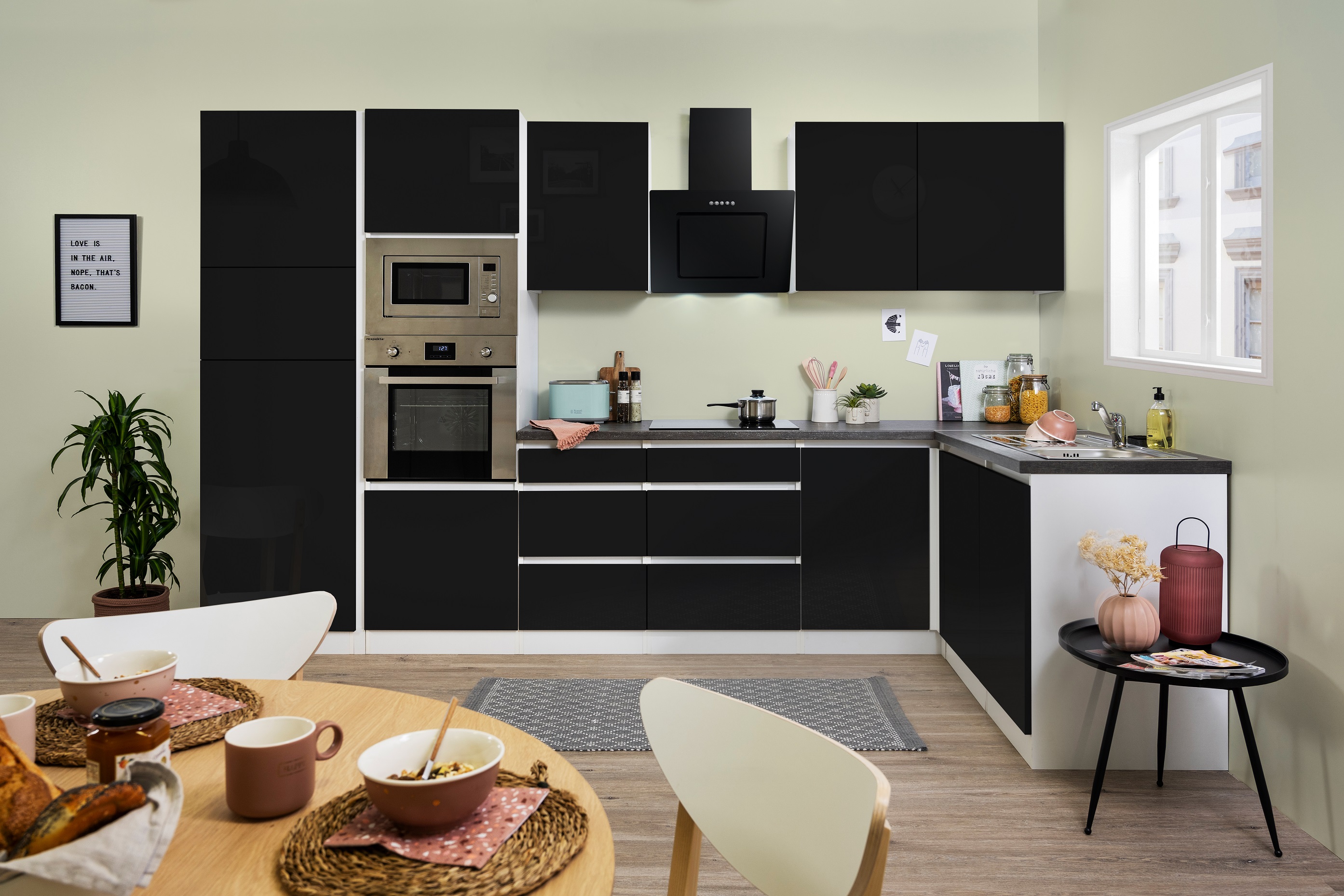 Angolo cucina unità cucina a forma di L cucina senza maniglie nero 345x172 cm respekta