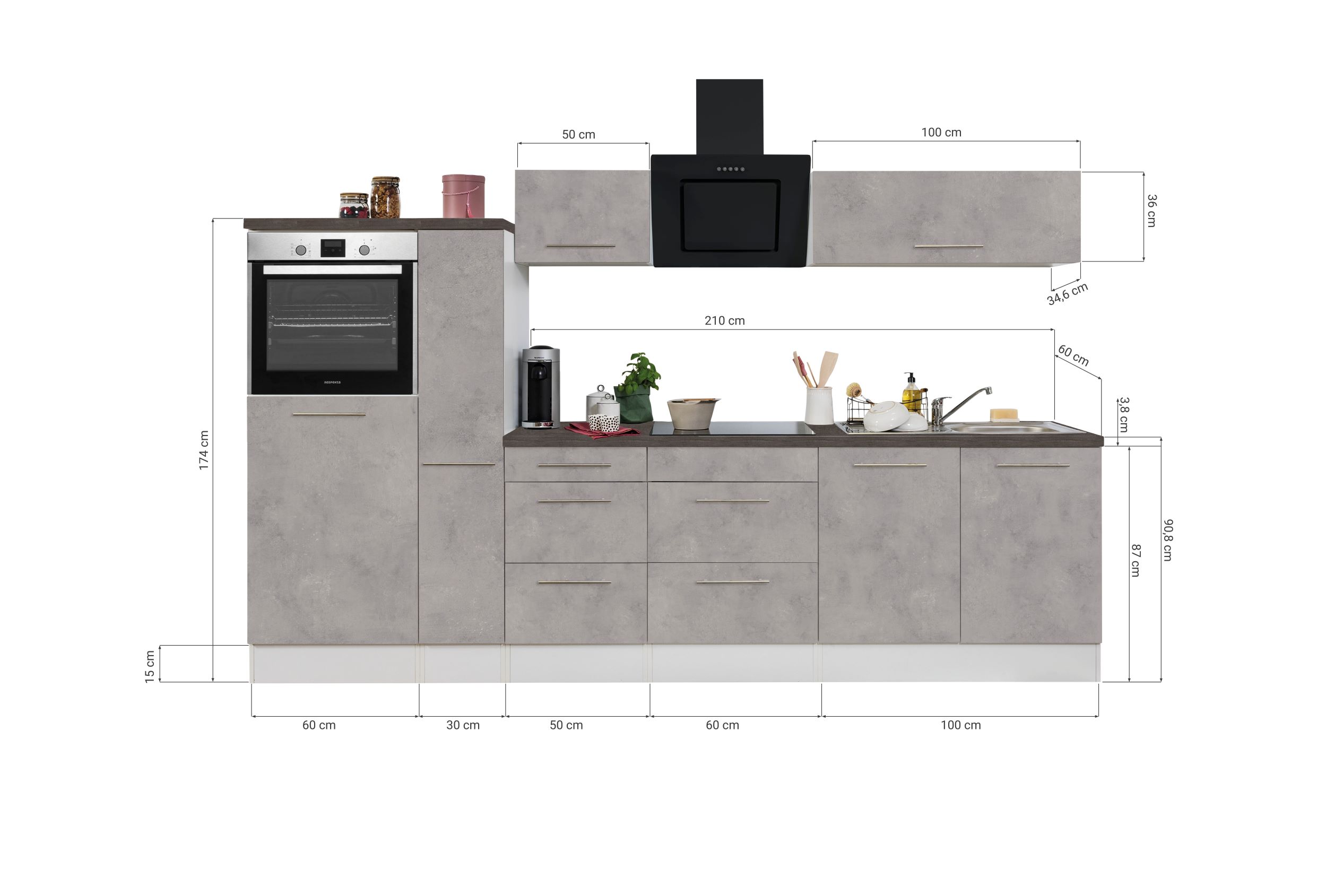 Küche Küchenzeile Küchenblock  Beton Amanda 300 cm Respekta Premium