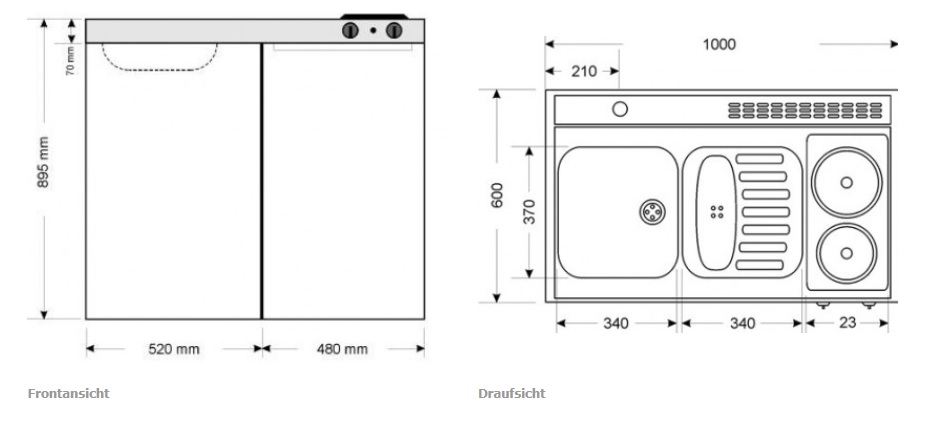 Stengel Miniküche Pantry Single Küche 100cm weiss Metall mit Becken rechts ME100 