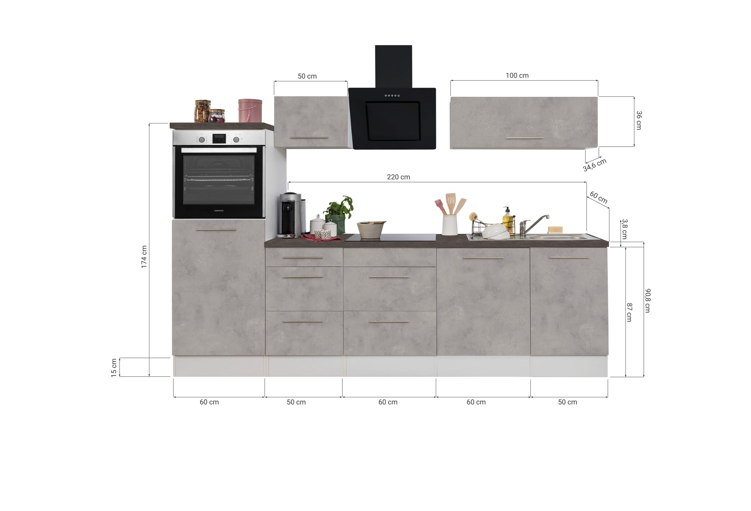 Küche Küchenzeile Küchenblock  Beton Amanda 280 cm Respekta Premium