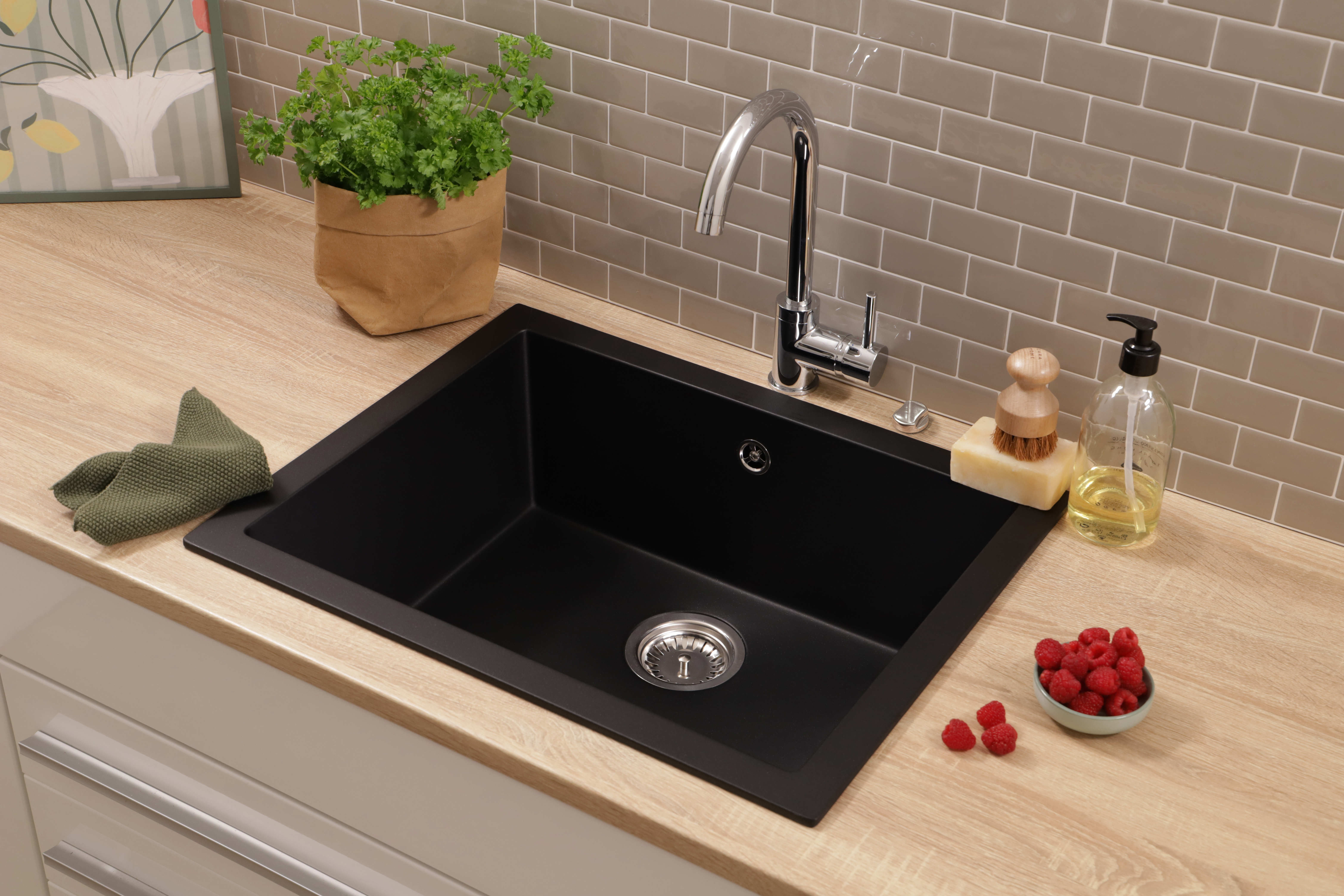 Küchenspüle Einbau Unterbau Spüle Granit Massiv 60 x47,5 Schwarz Respekta Nelson