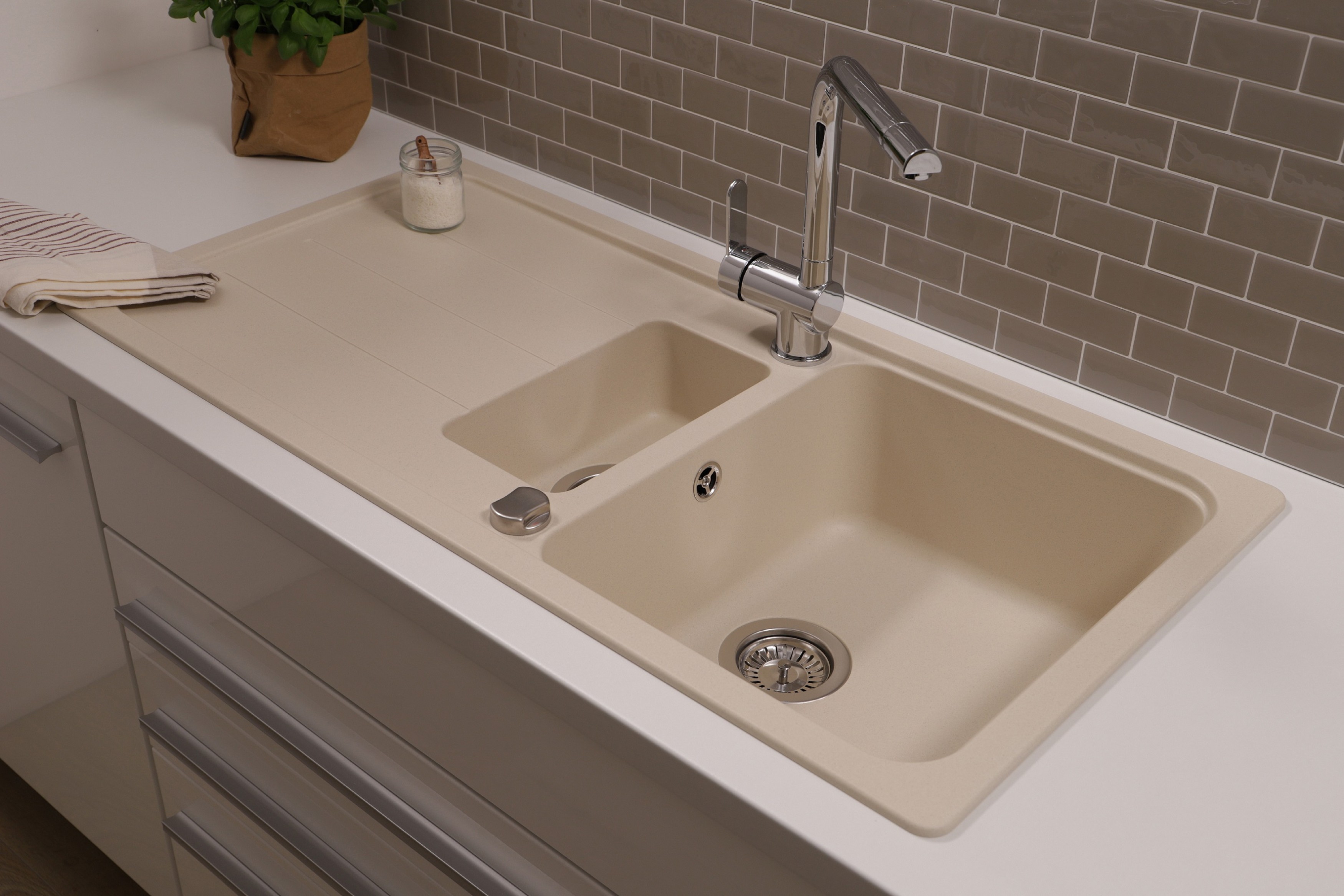 Küchenspüle Einbauspüle Spülbecken Granit 100 x 50 Vanille Creme Respekta Austin