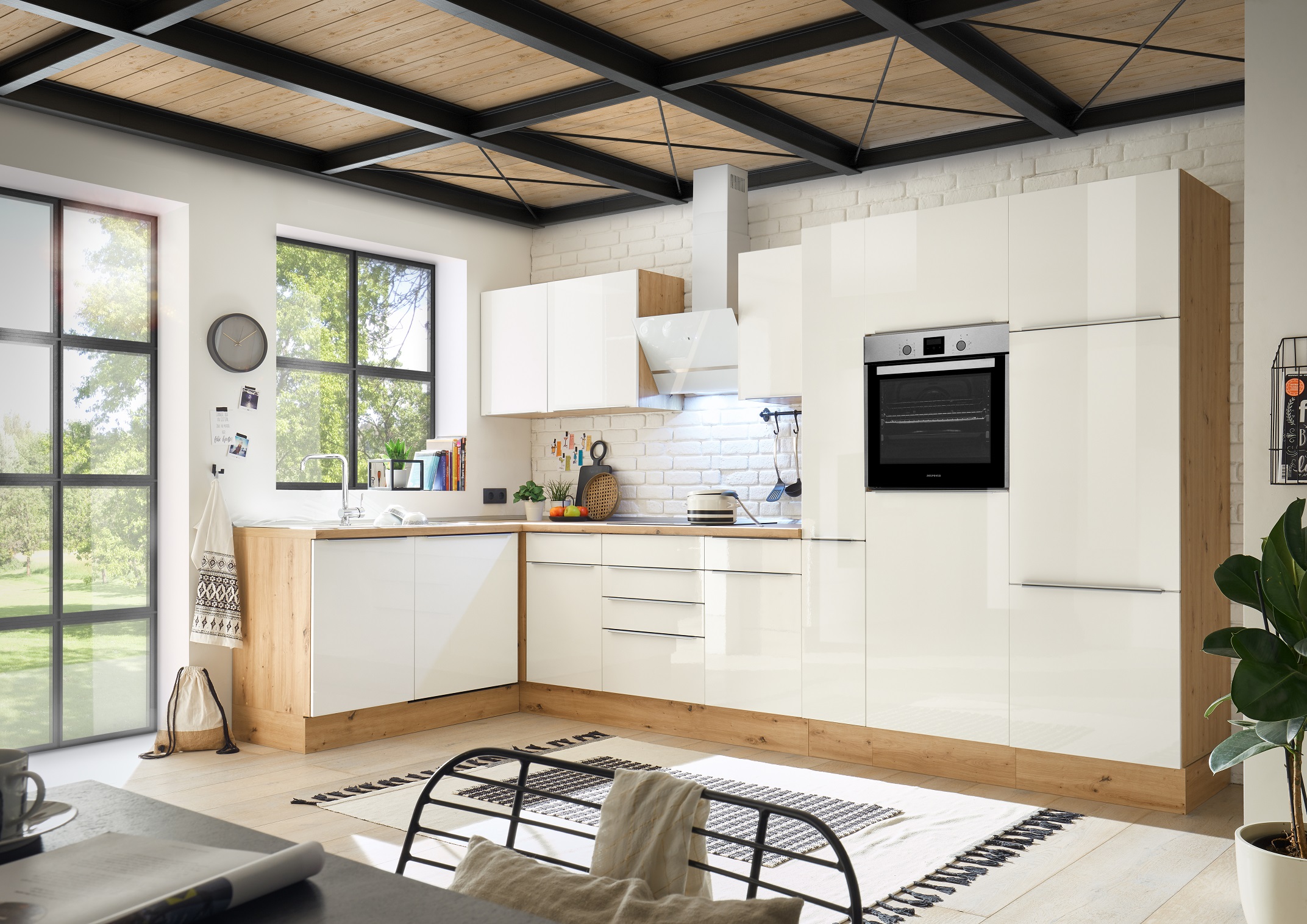 Küche Küchenzeile Winkelküche Marleen Premium 370 cm Weiß Artisan Eiche Respekta
