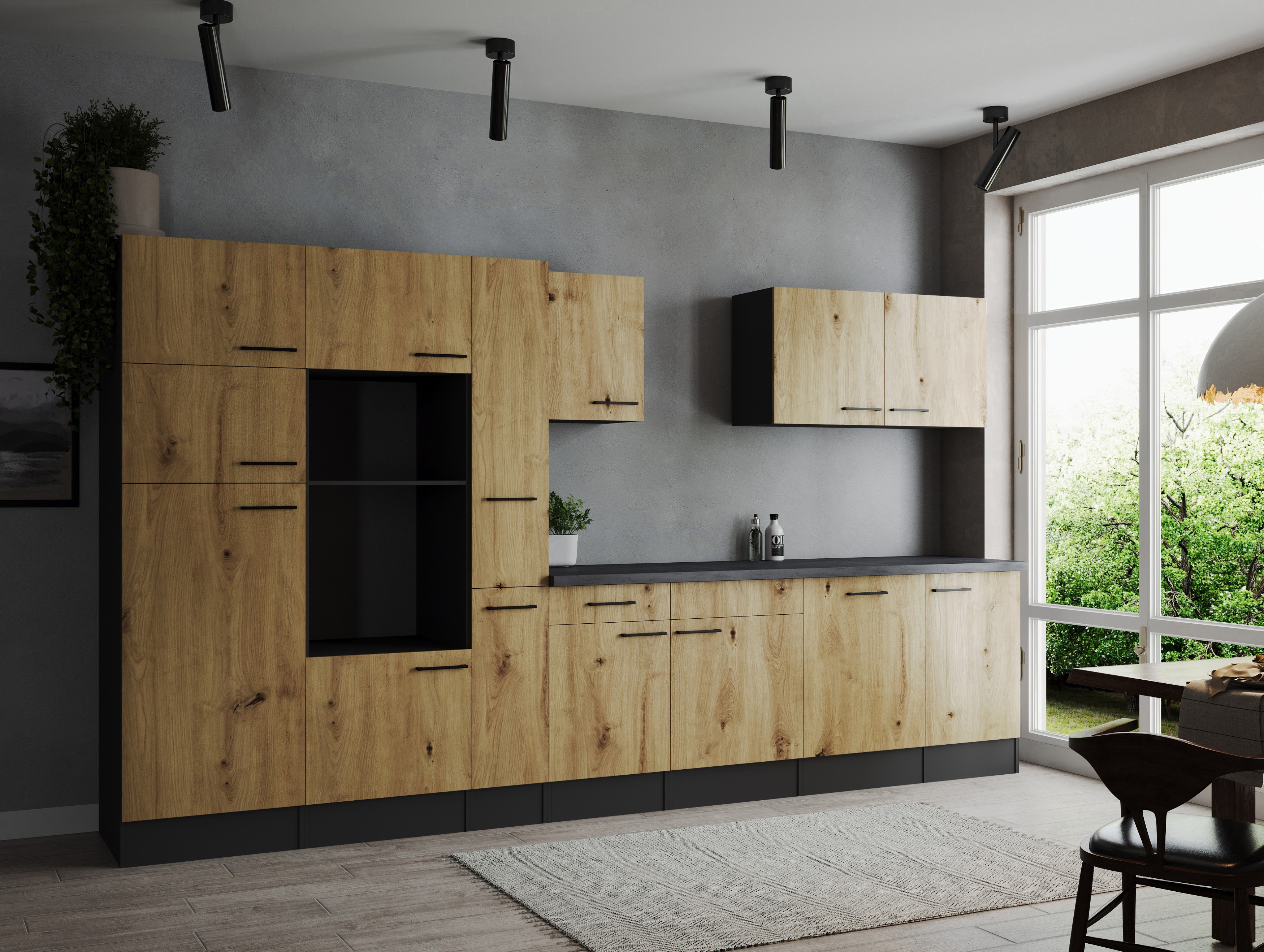 Küche Küchenzeile Leerblock Grau Matt Artisan Eiche Oliver 370 cm Respekta