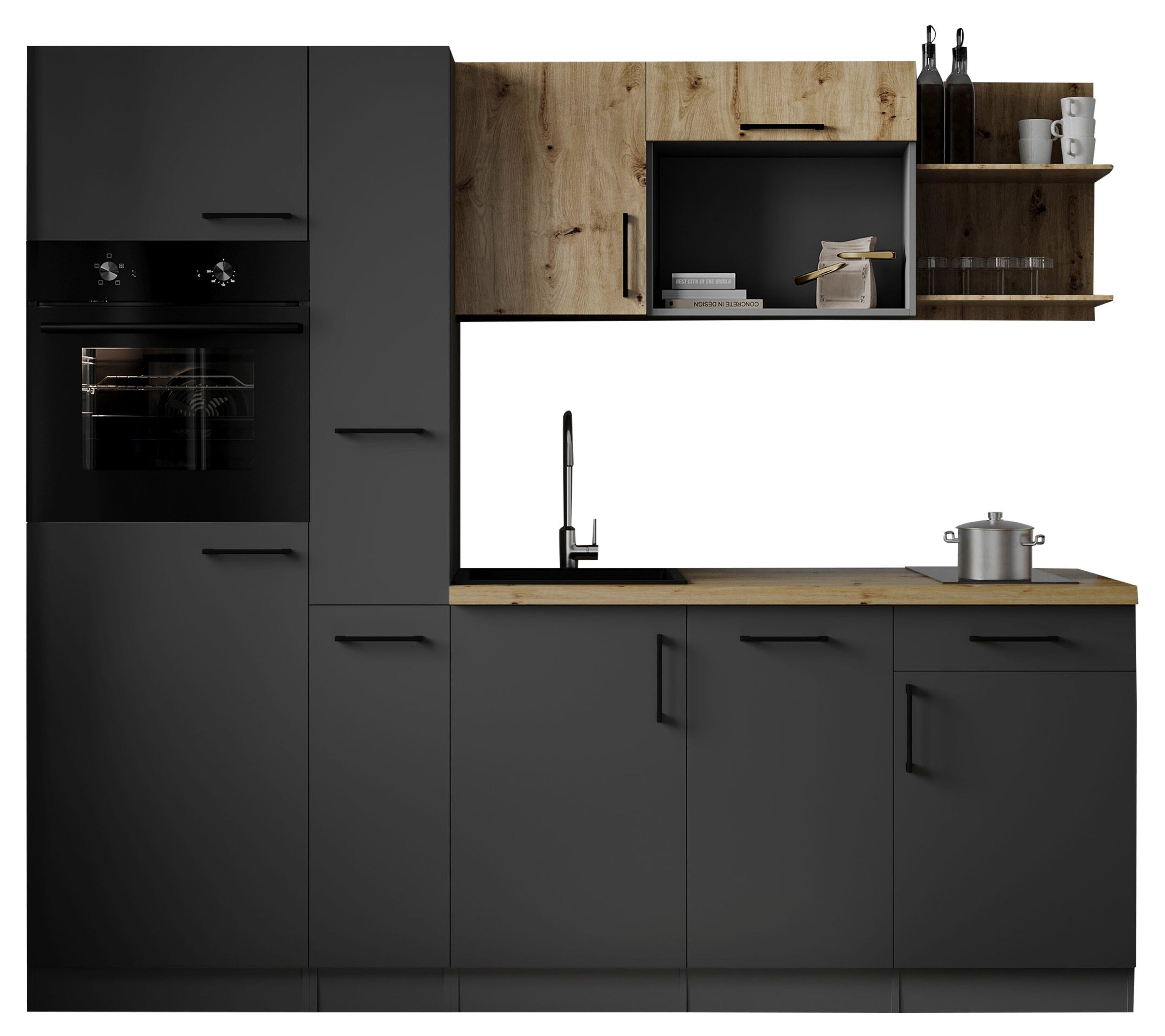 Respekta Küche Küchenzeile Oliver Singleküche 235 cm mit Fronten in – Grau Matt / Artisan Eiche Nachbildung