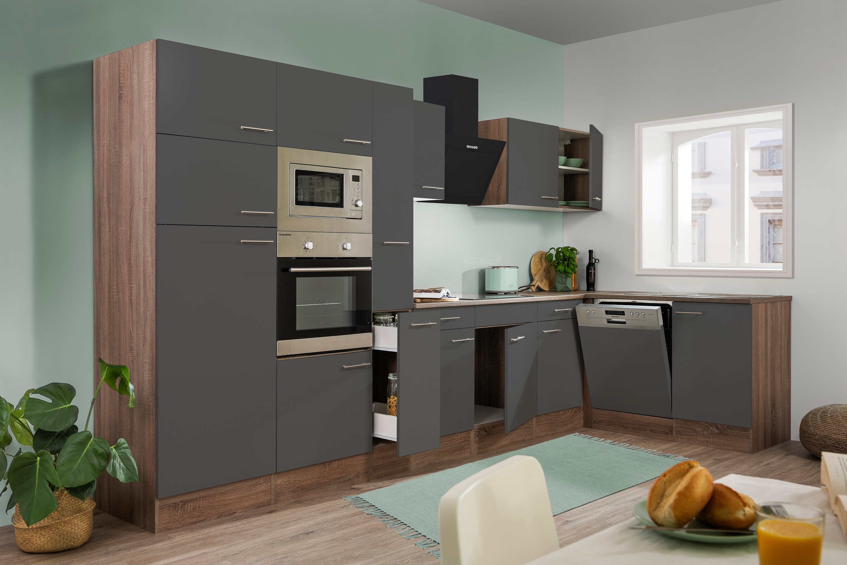 respekta cucina ad angolo cucina cucina a L rovere York grigio 370x172cm