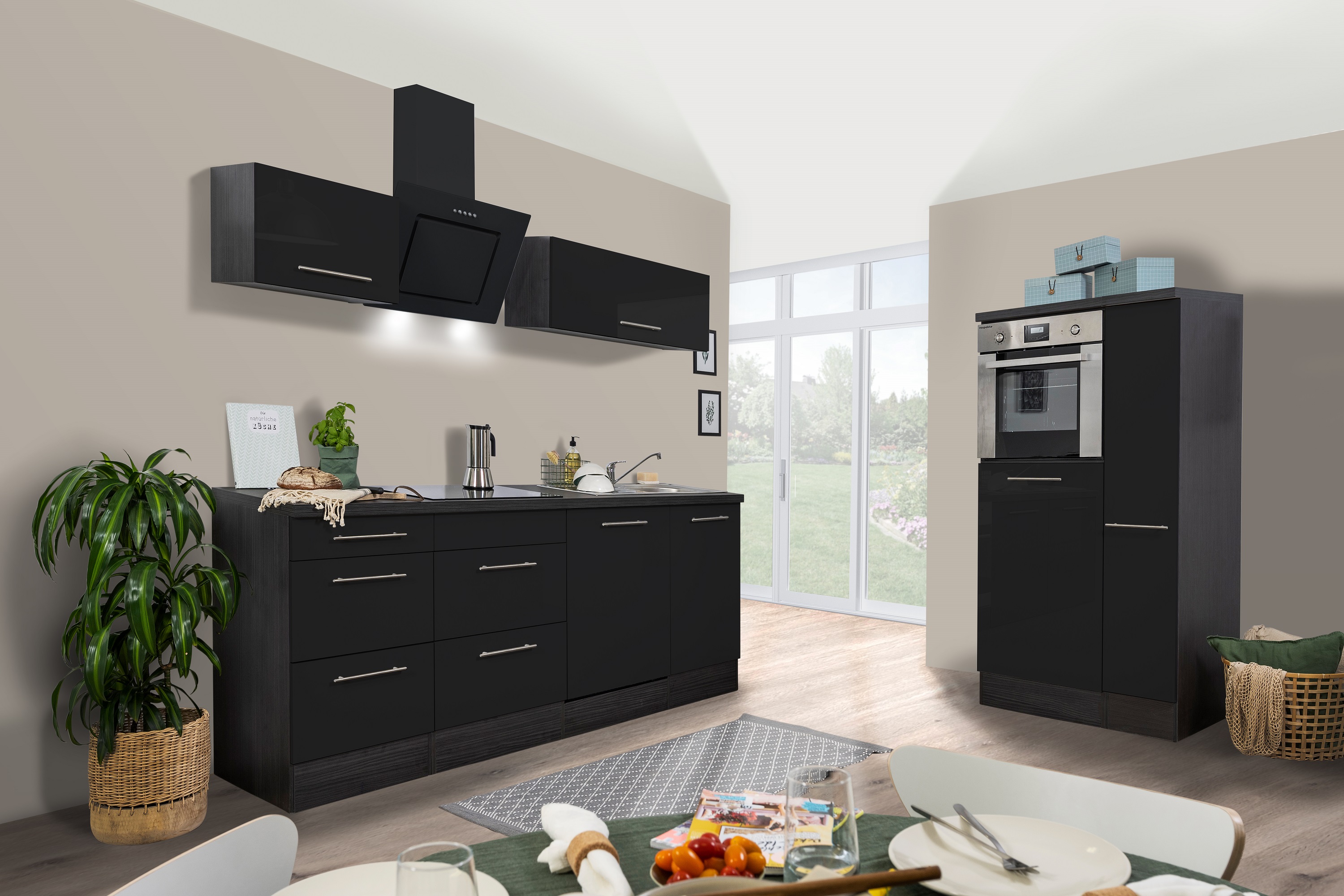 respekta blocco cucina cucina montato 310cm rovere lucido nero