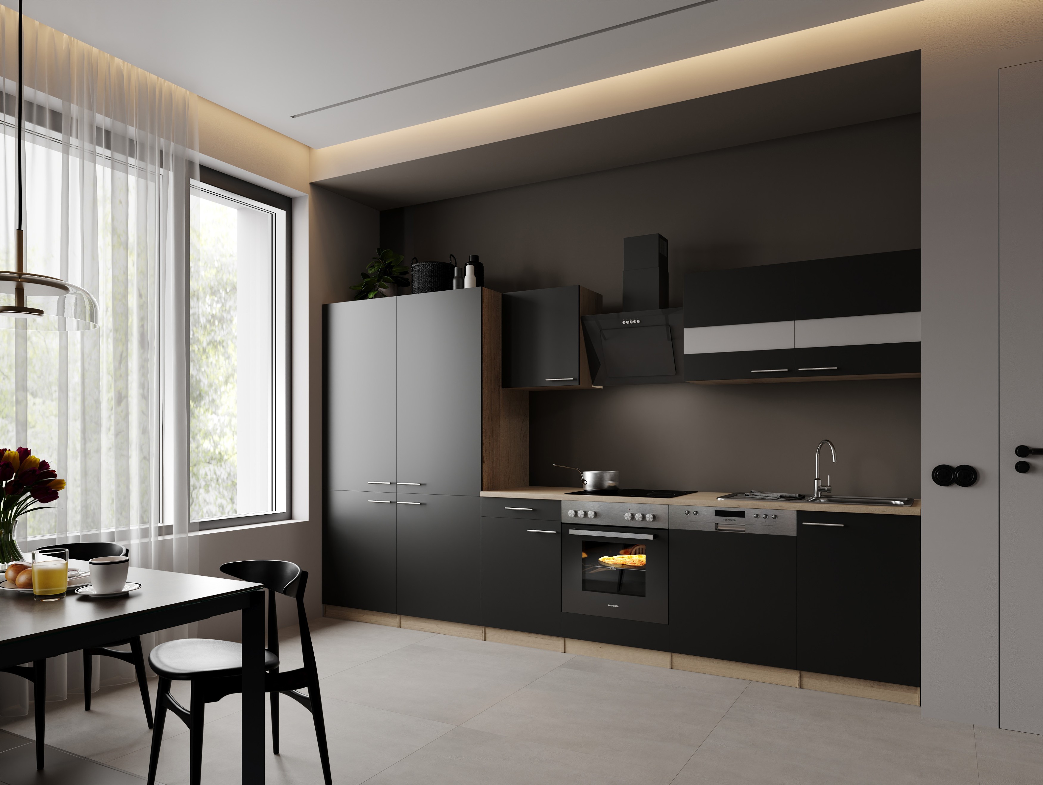 Einbauküche Küchenzeile Eiche Sägerau Schwarz Merle 340 cm French Door Respekta