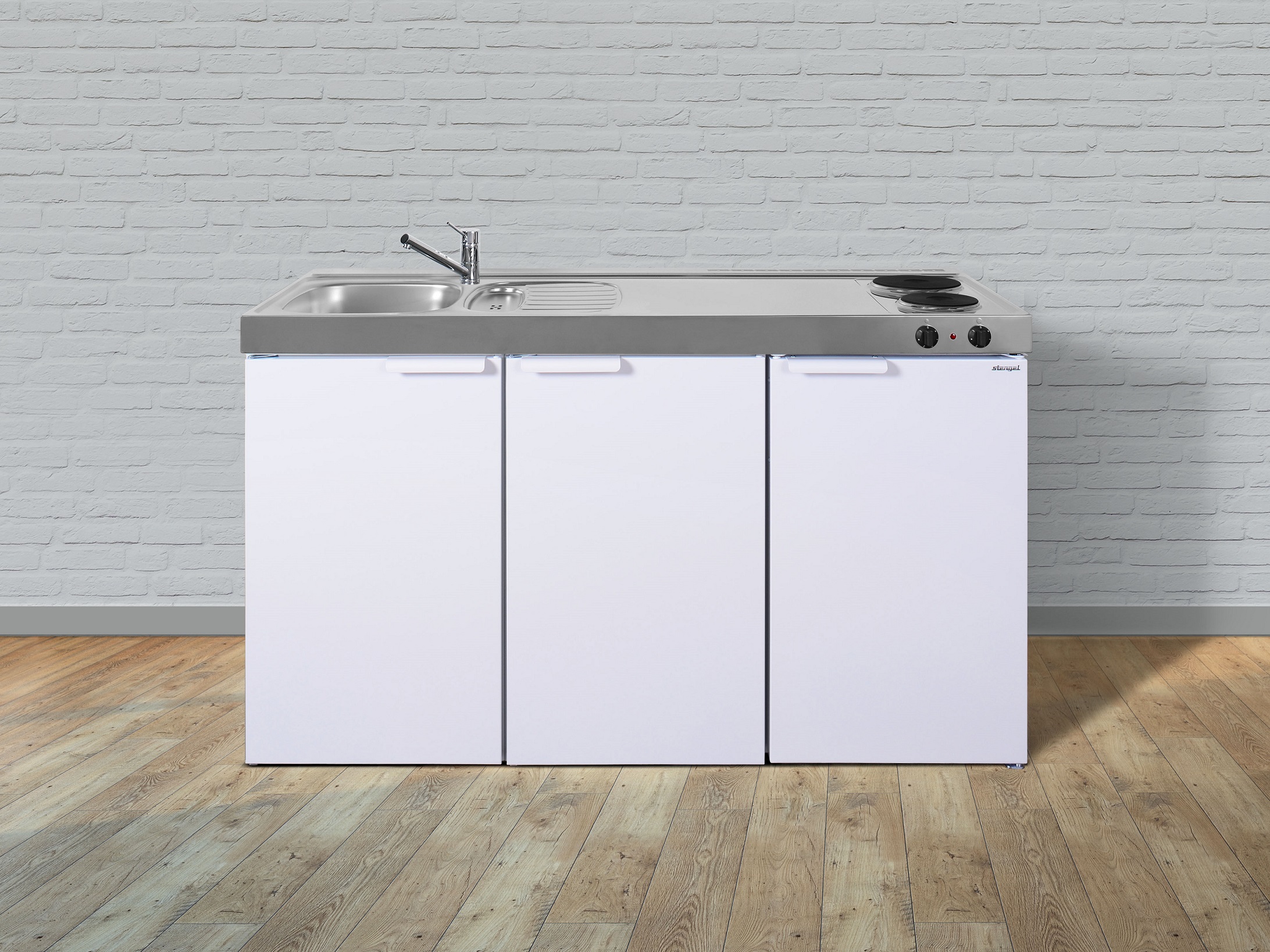 Stengel Miniküche Pantryküche Single Küche 150cm weiss Metall Becken links