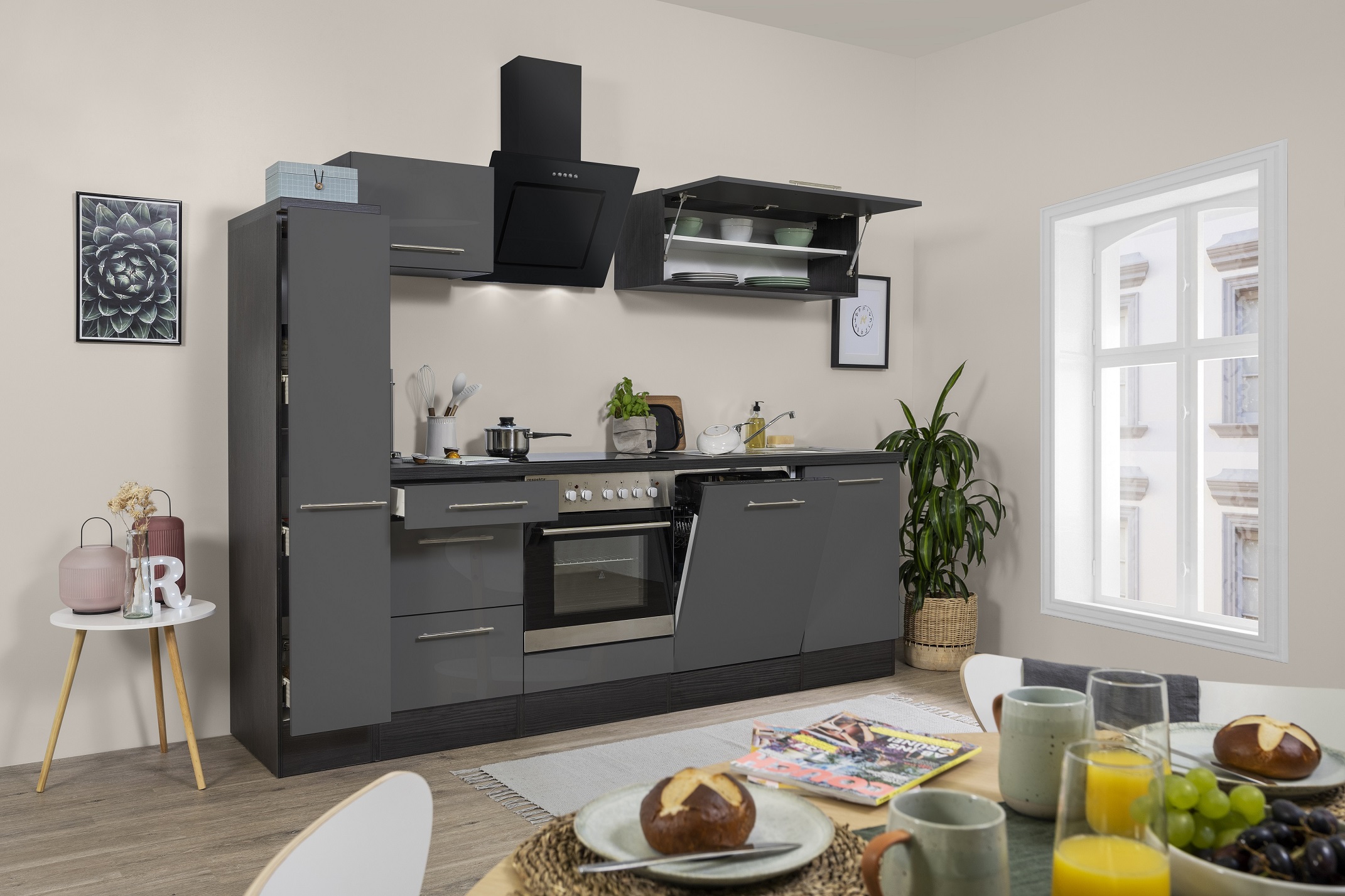 Mini Küchenzeile Singleküche mit Kühlschrank und Glaskeramikkochfeld 210 cm grau 