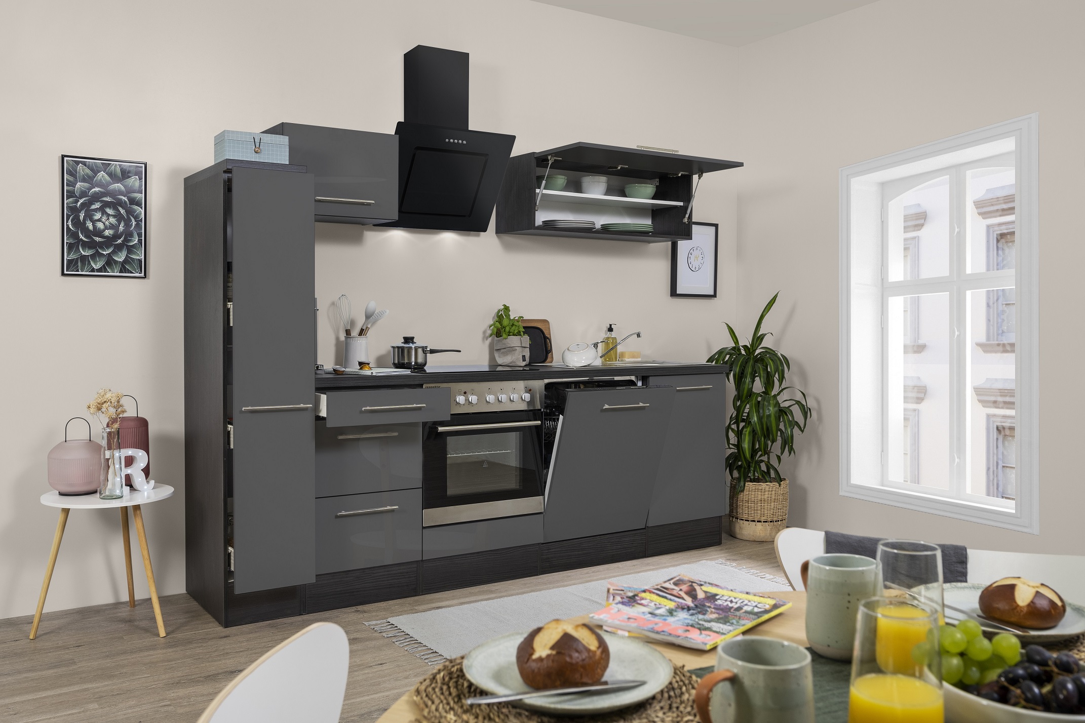 respekta kitchen unit kitchen fitted kitchen kitchen block high gloss 250 cm oak grey