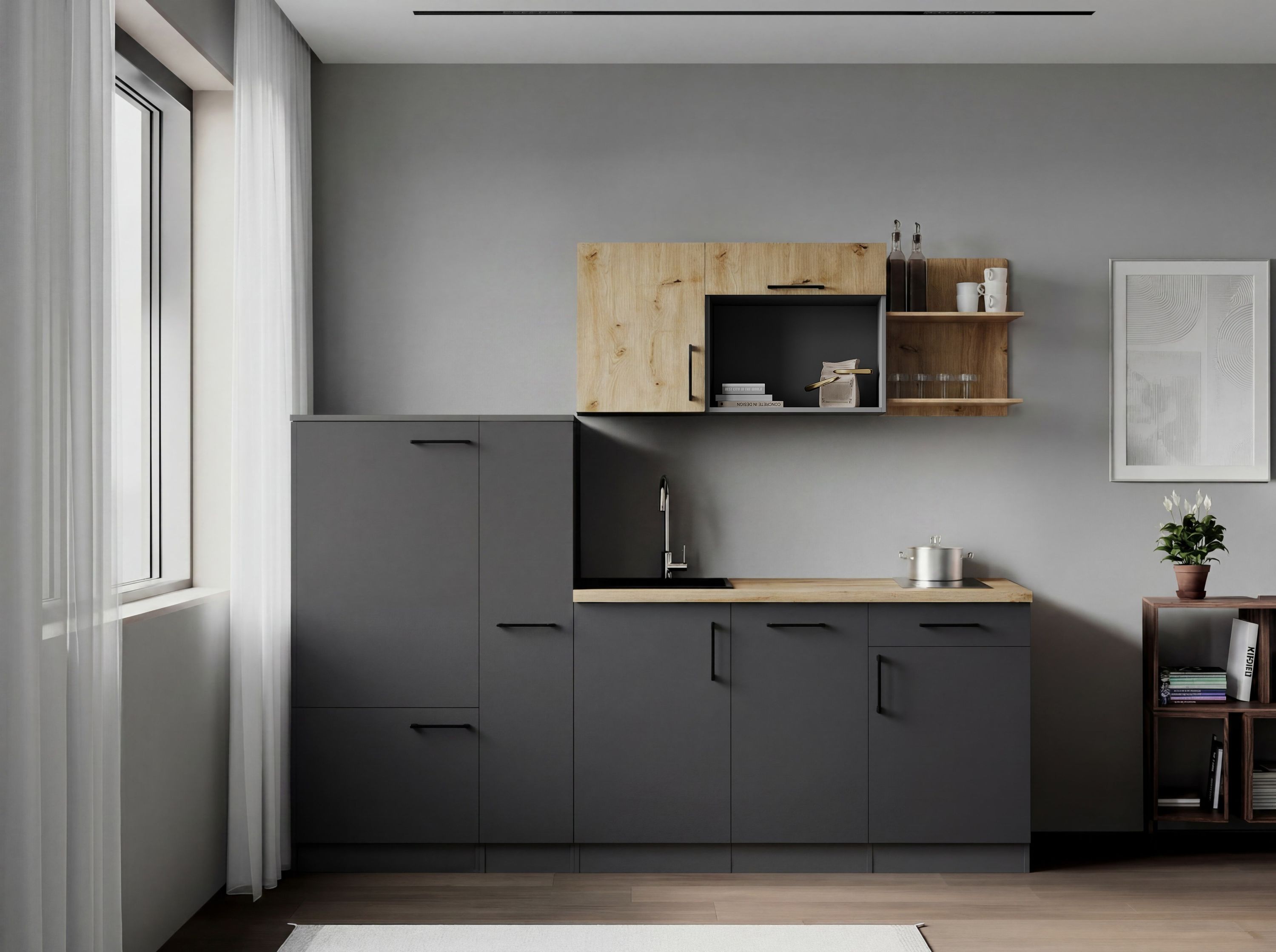 Respekta Küche Küchenzeile Oliver Singleküche 235 cm mit Fronten in – Grau Matt / Artisan Eiche Nachbildung