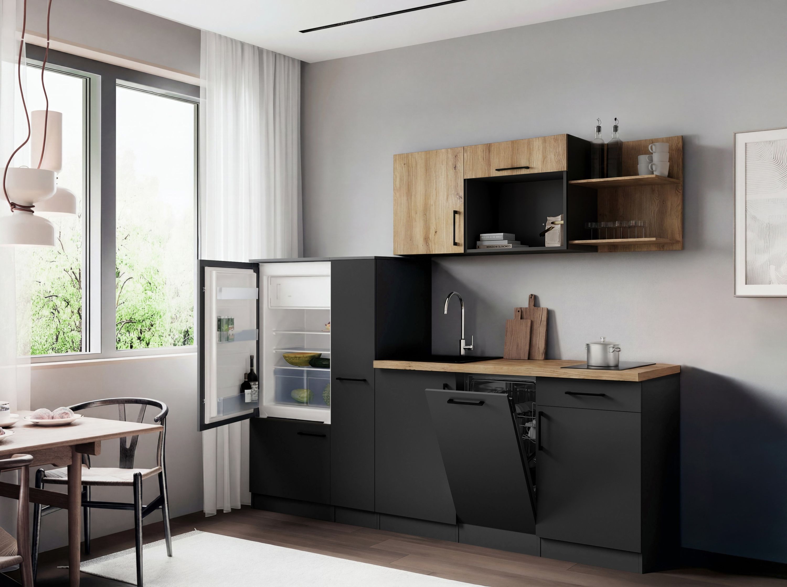 Respekta Küche Küchenzeile Oliver Singleküche 235 cm mit Fronten in – Grau Matt / Artisan Eiche Nachbildung