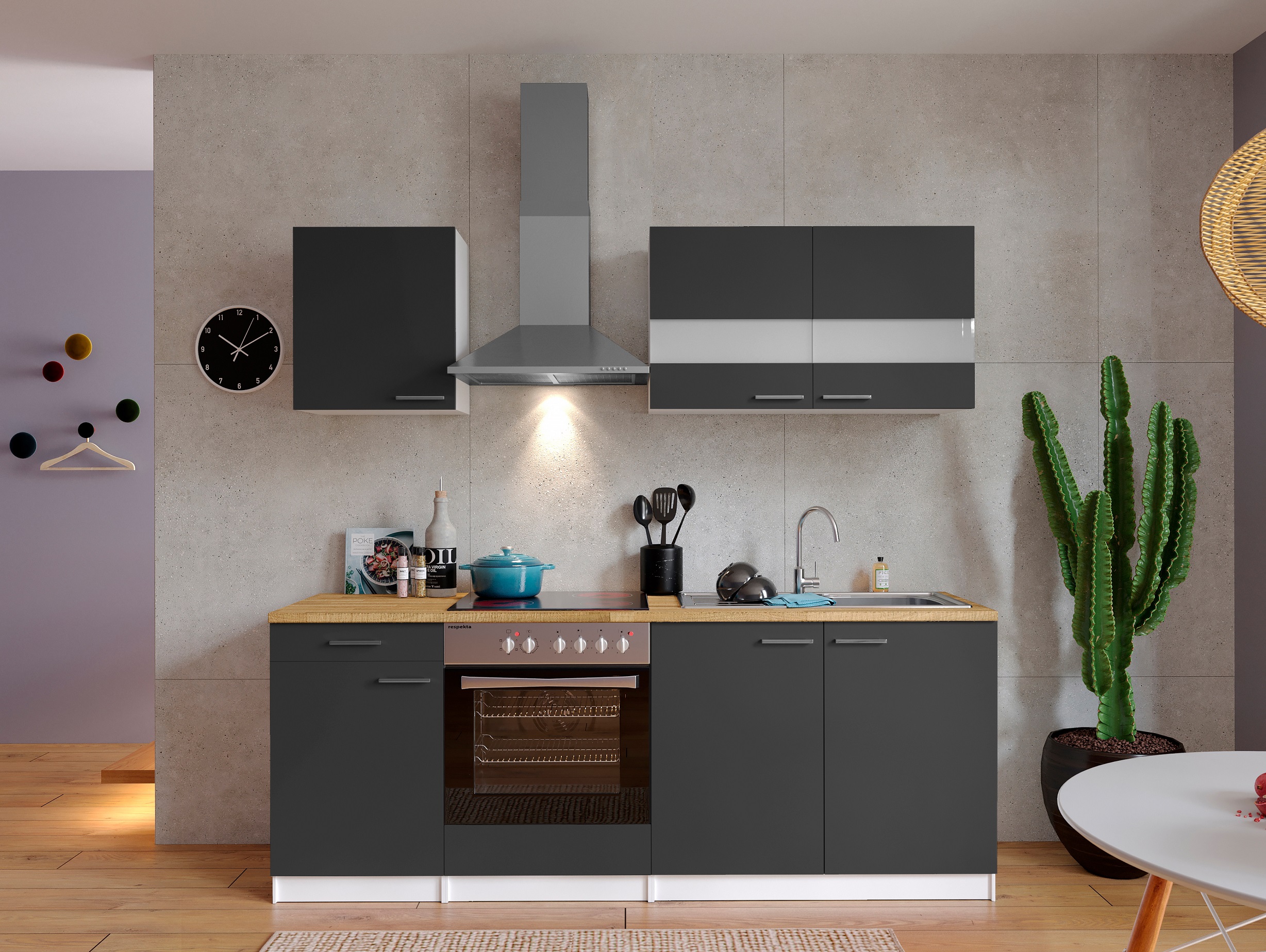 Küche Küchenzeile Einbauküche Küchenblock Komplett 210 cm weiß grau respekta 