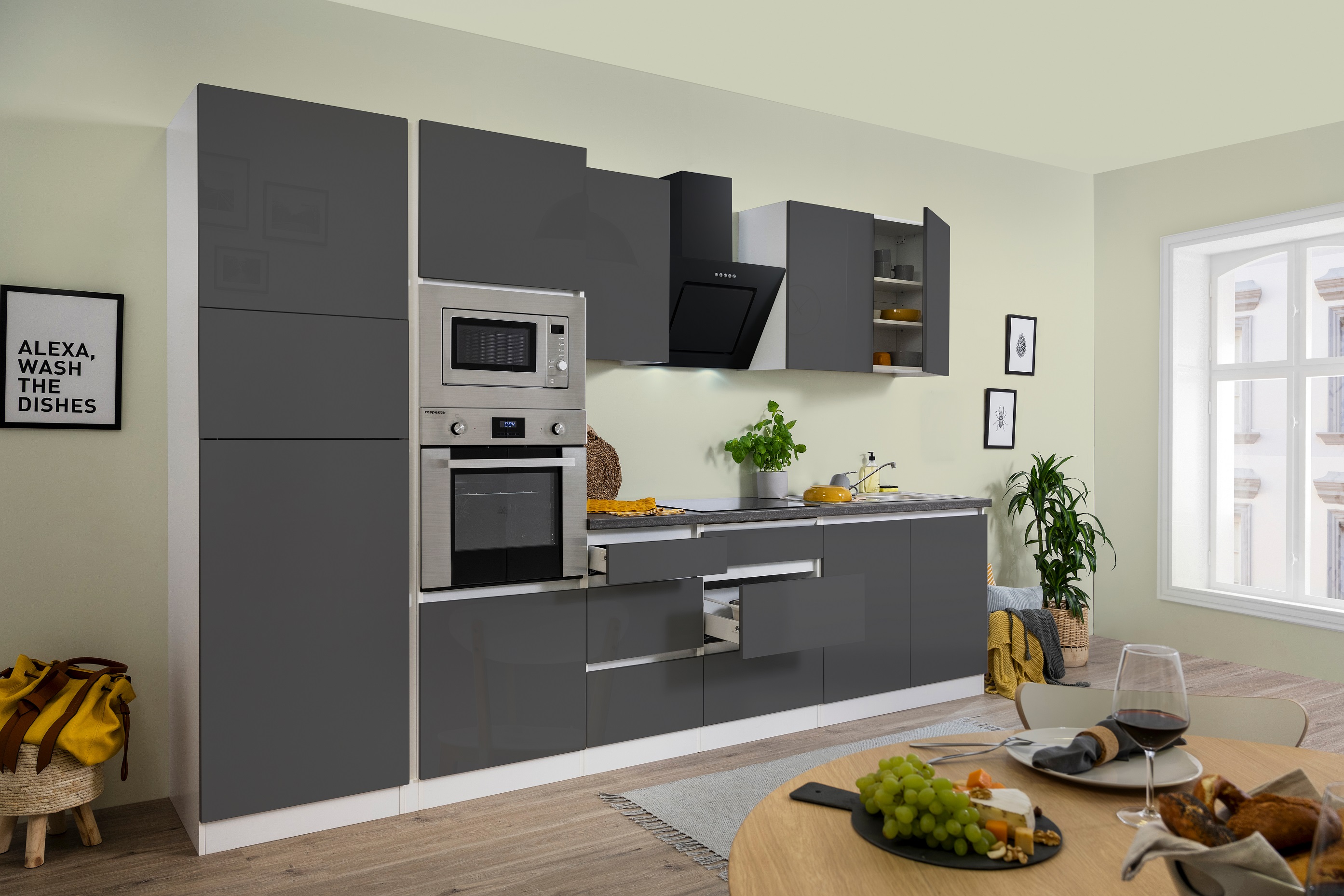 respekta Küche Küchenzeile Küchenblock grifflose Einbauküche 335 cm weiß grau