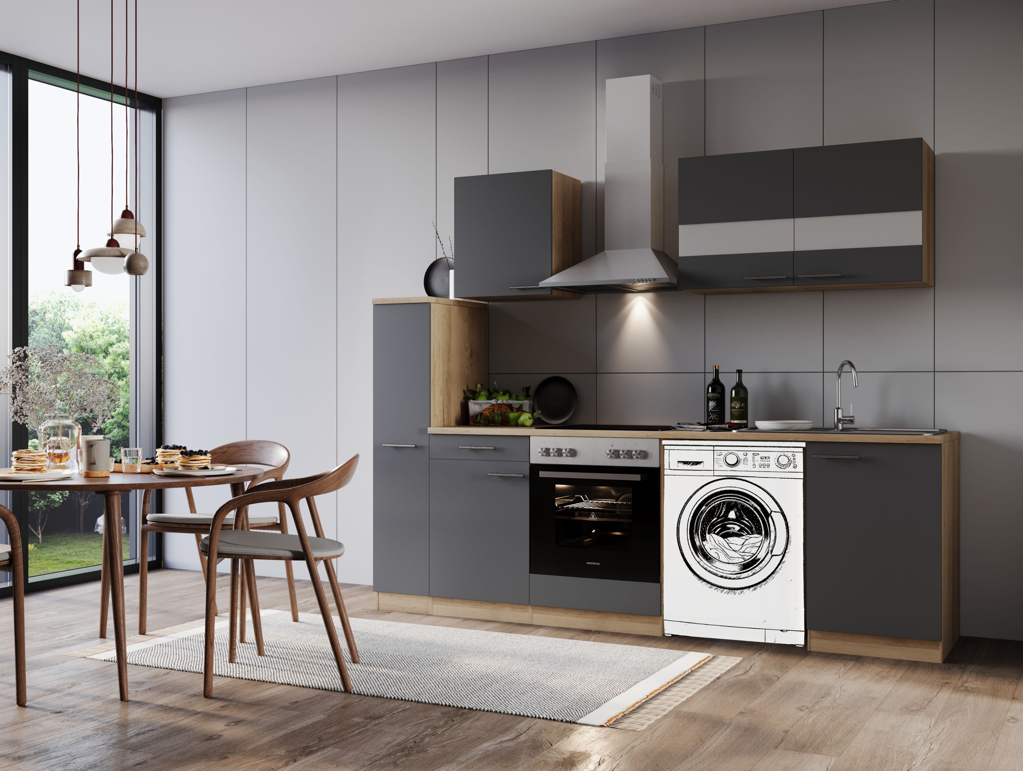 Küche Küchenzeile für Unterbau Waschmaschine Eiche Grau Merle 250 cm Respekta