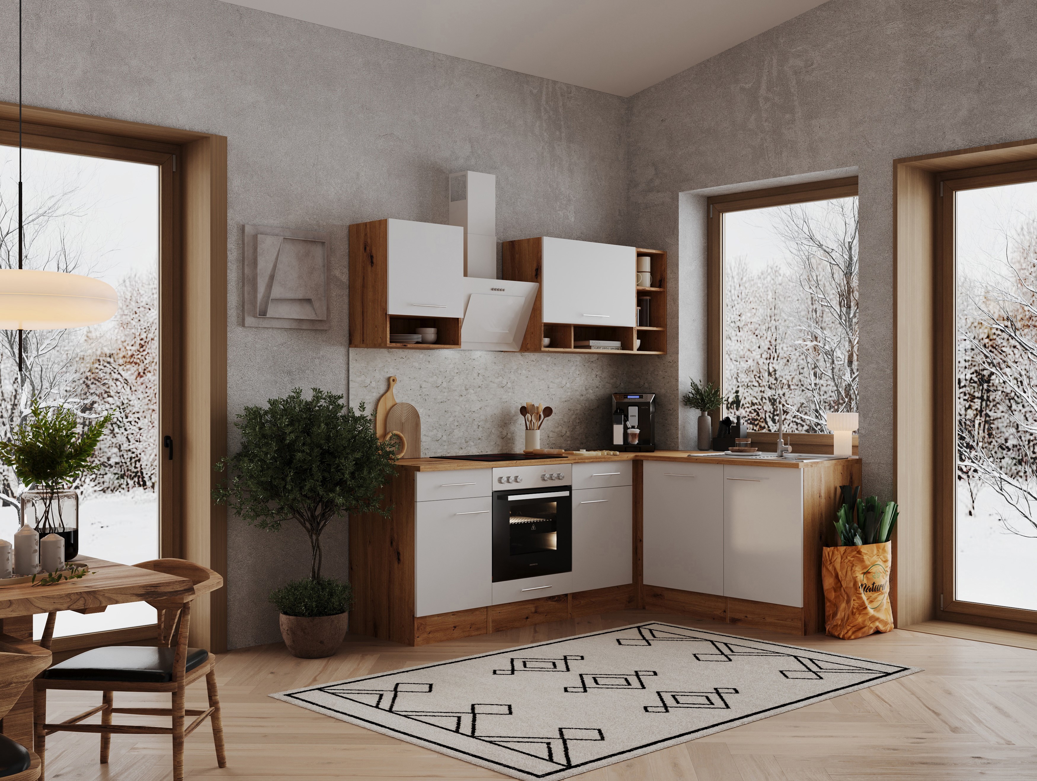 Küche Küchenzeile Leerblock  Winkelküche Eiche Weiß Hilde 220x172 cm Respekta