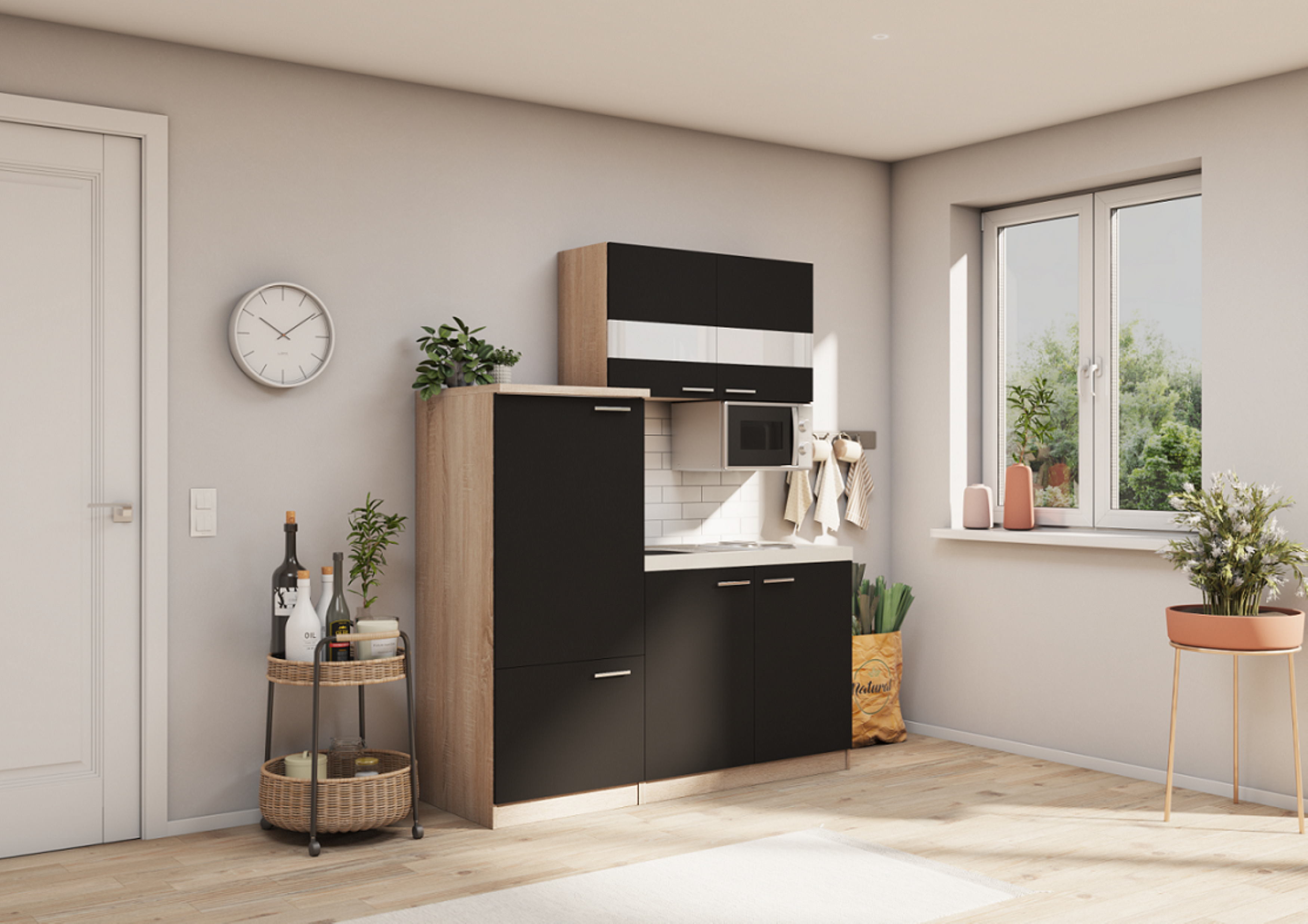 respekta Küchenzeile Küche Singleküche Einbau Küchenblock 160 cm Eiche schwarz