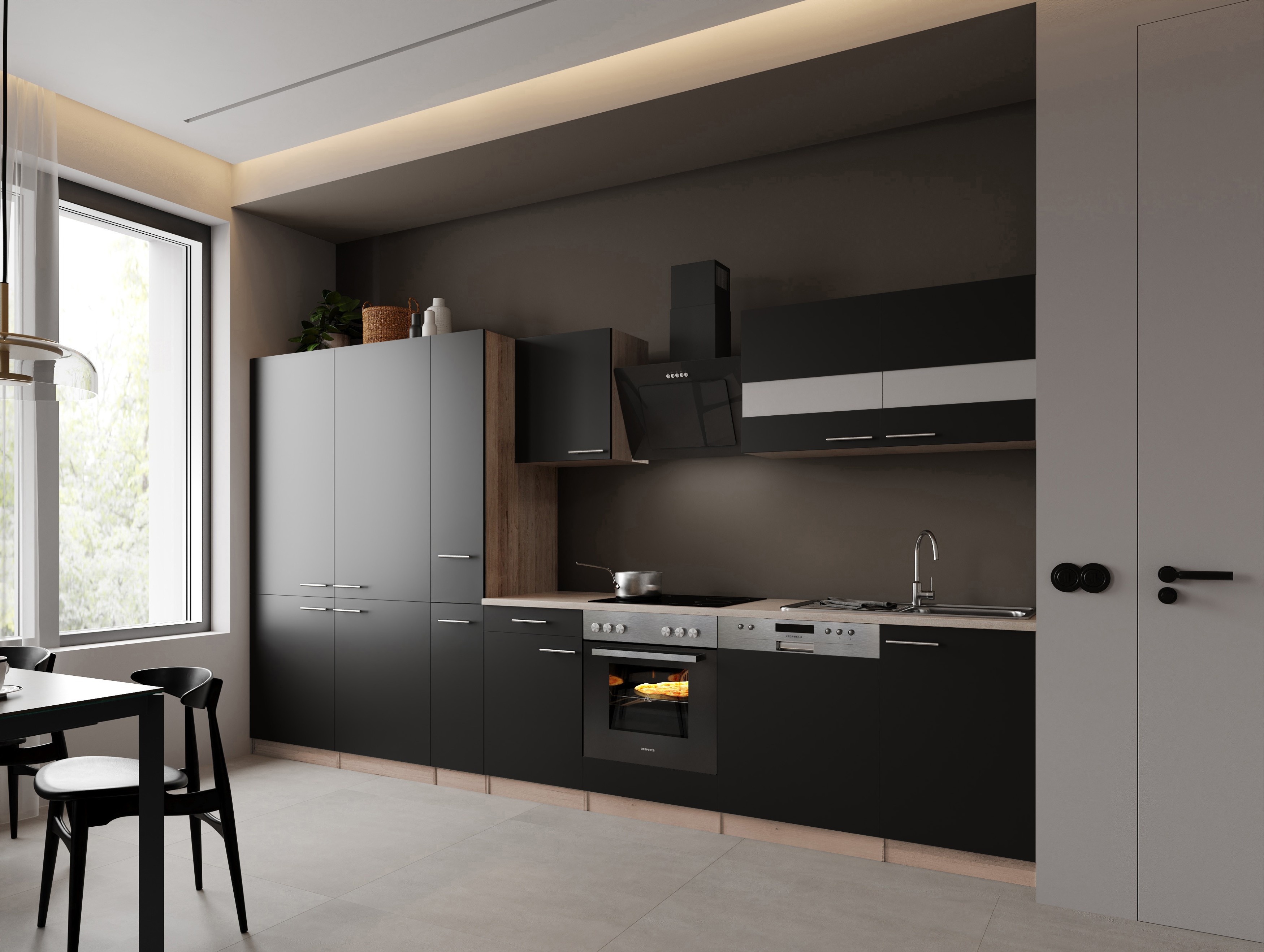 Einbauküche Küchenzeile Eiche Sägerau Schwarz Merle 370 cm French Door Respekta