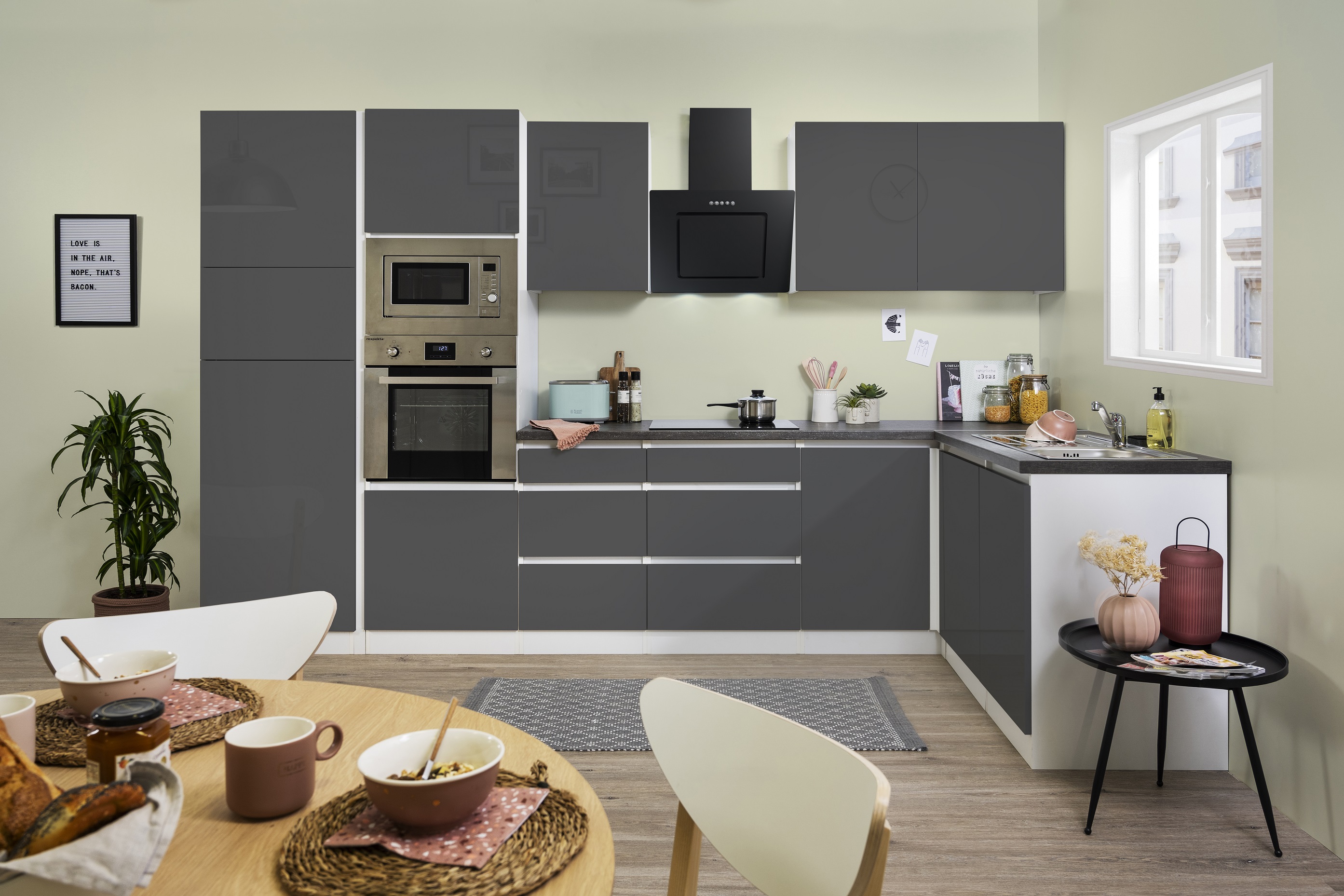 Angle kitchen Kitchenette L-shape kitchen handleless grey 345 x 172 cm respekta