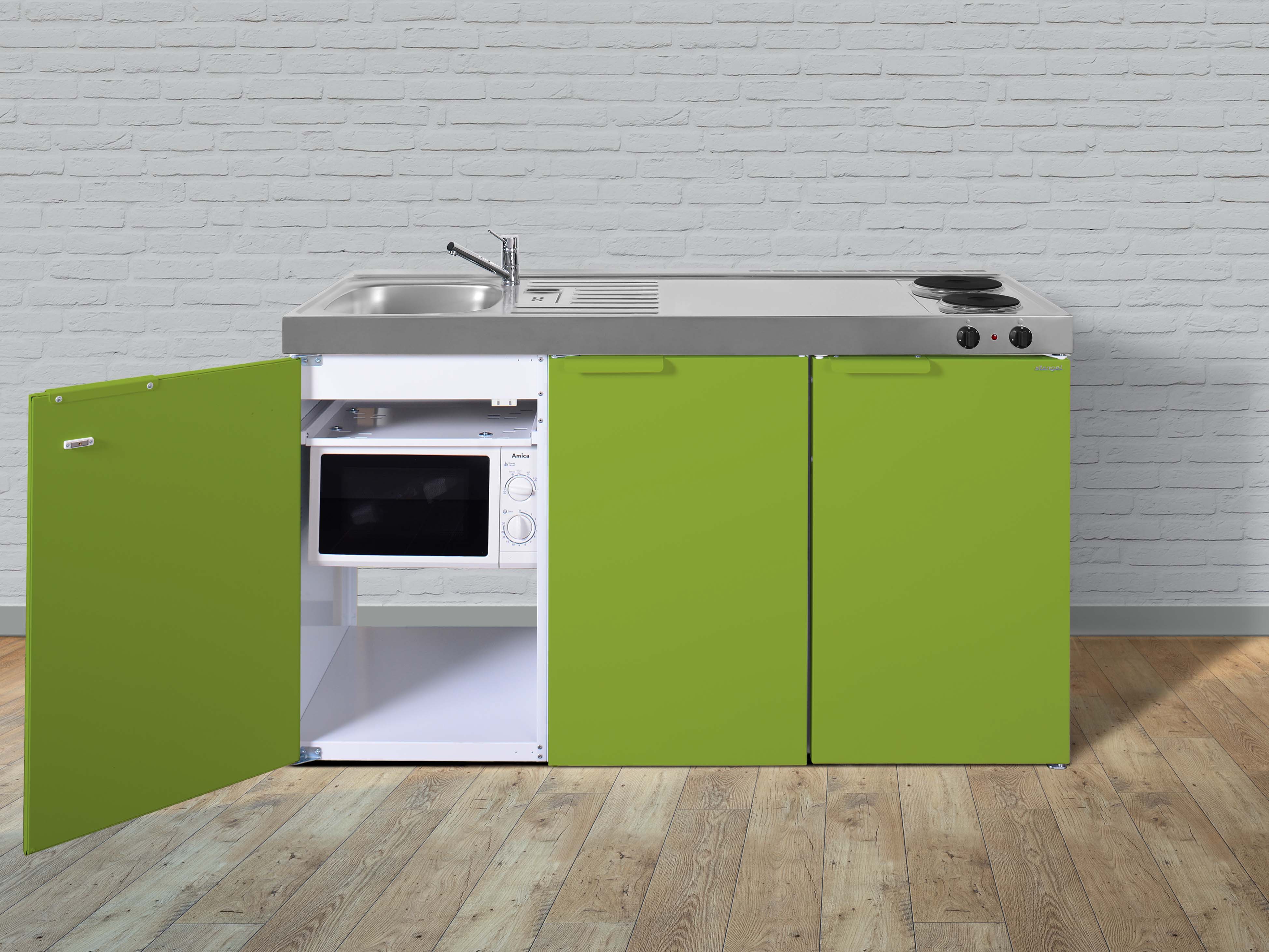 Stengel Miniküche Pantryküche Single Küche 150cm Grün Metall Becken links