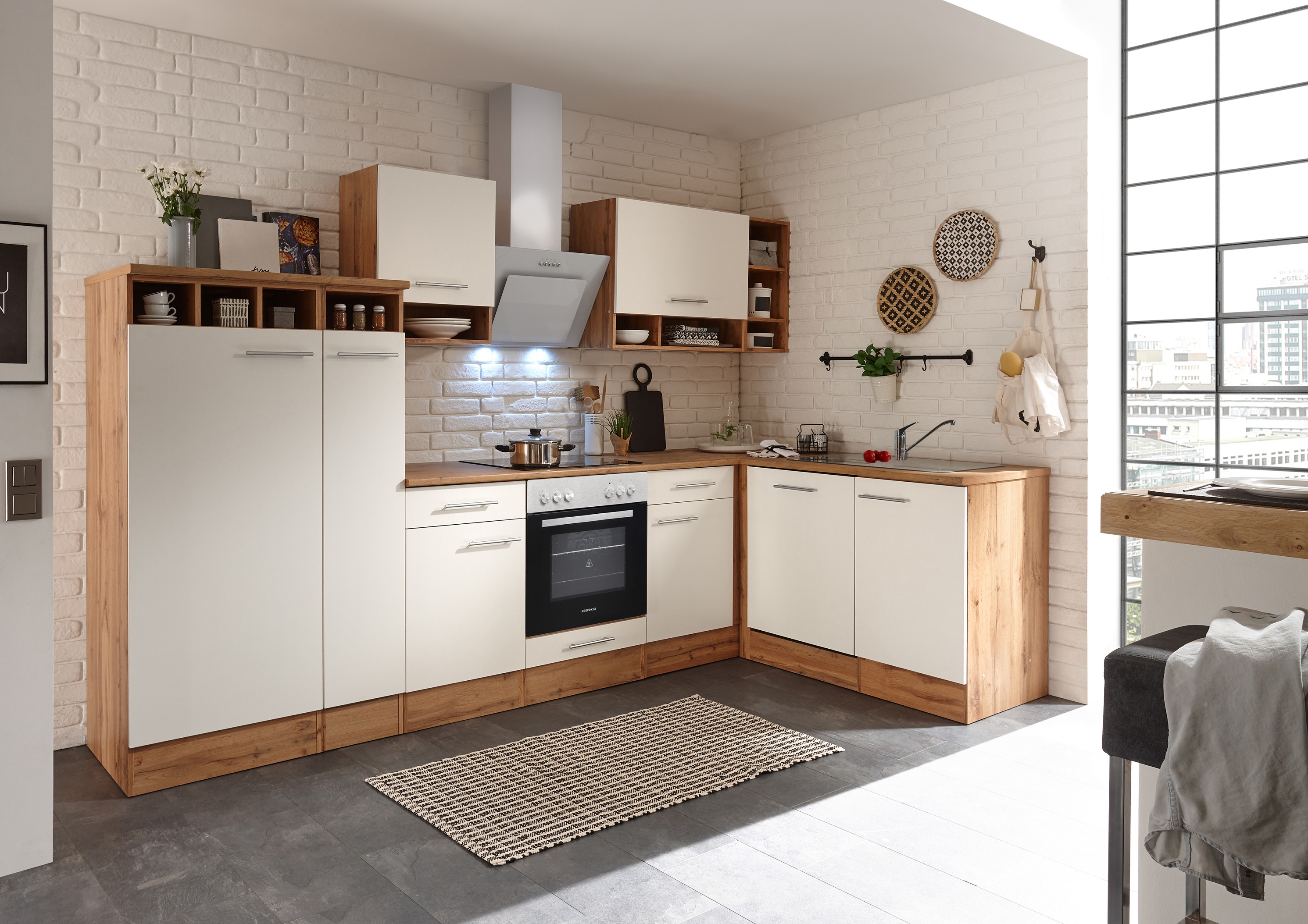 Angle kitchen kitchen unit L-shape kitchen fitted kitchen oak white 310x172 cm respekta