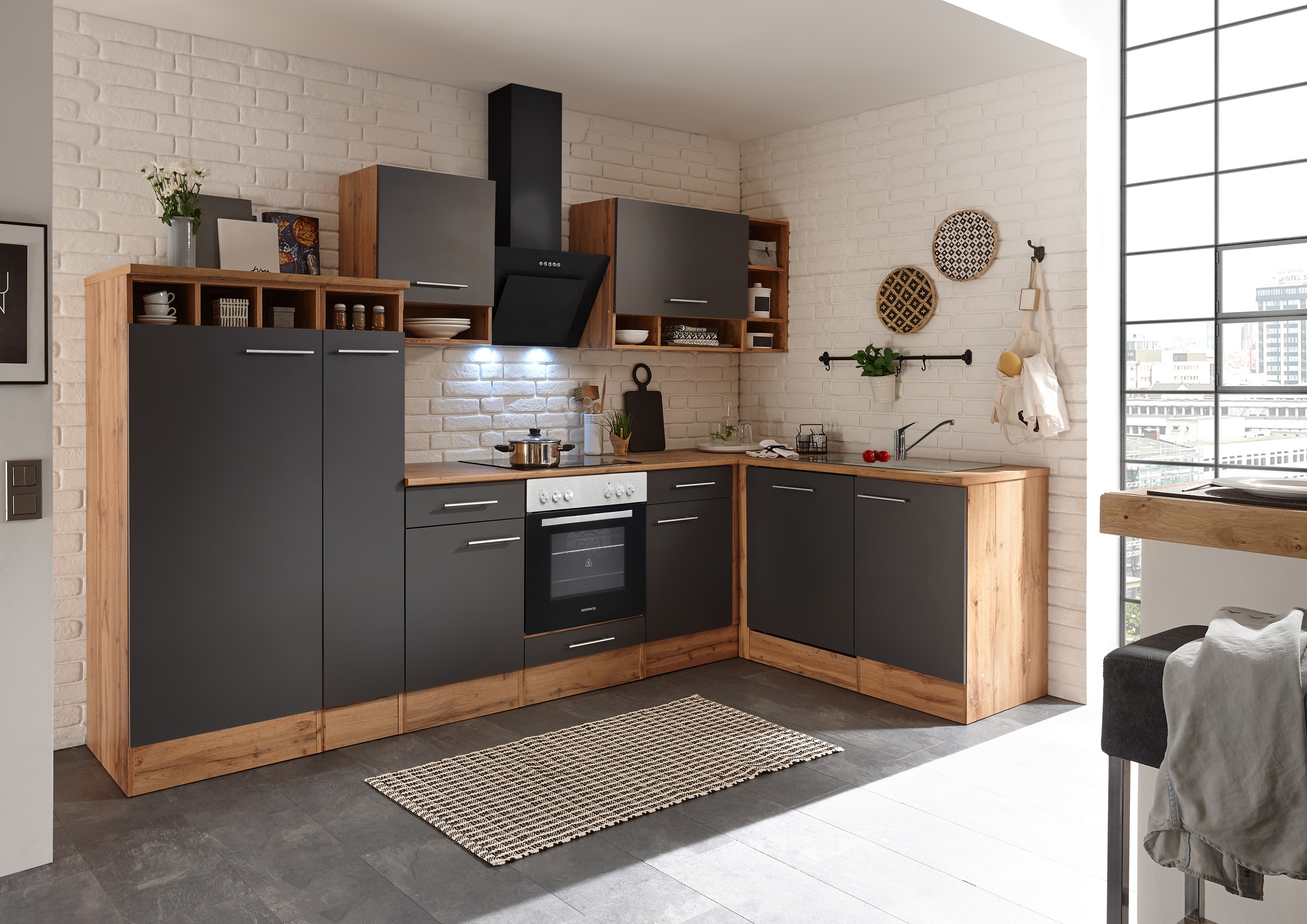 Angle kitchen kitchen unit L-shape kitchen fitted kitchen oak grey 310x172 cm respekta