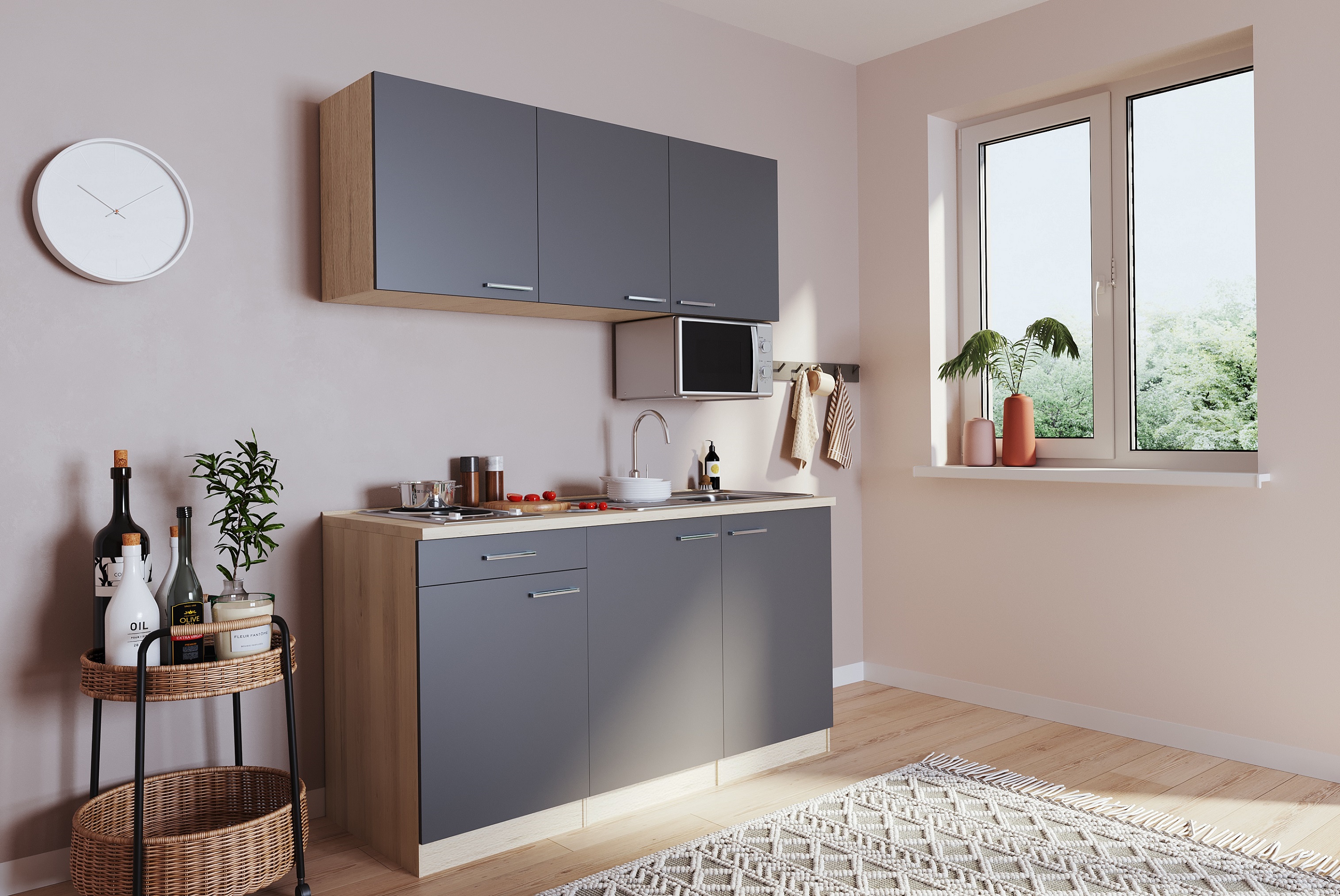 Respecta mini kitchen Luis 150 cm rough sawn gray gray without fridge single kitchen