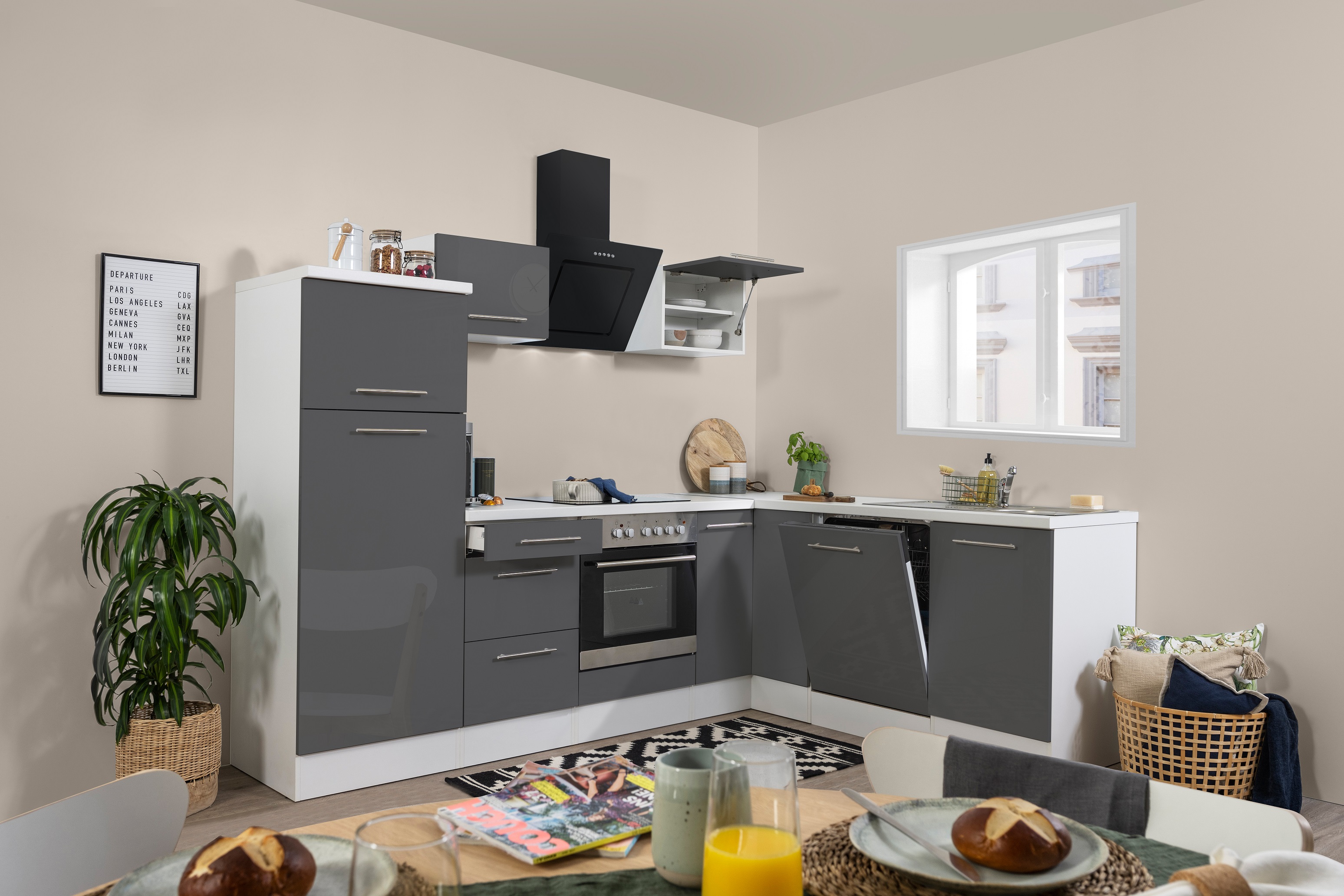 Angle kitchen kitchenette kitchen L-shape fitted kitchen 260 x 200 cm respekta white grey