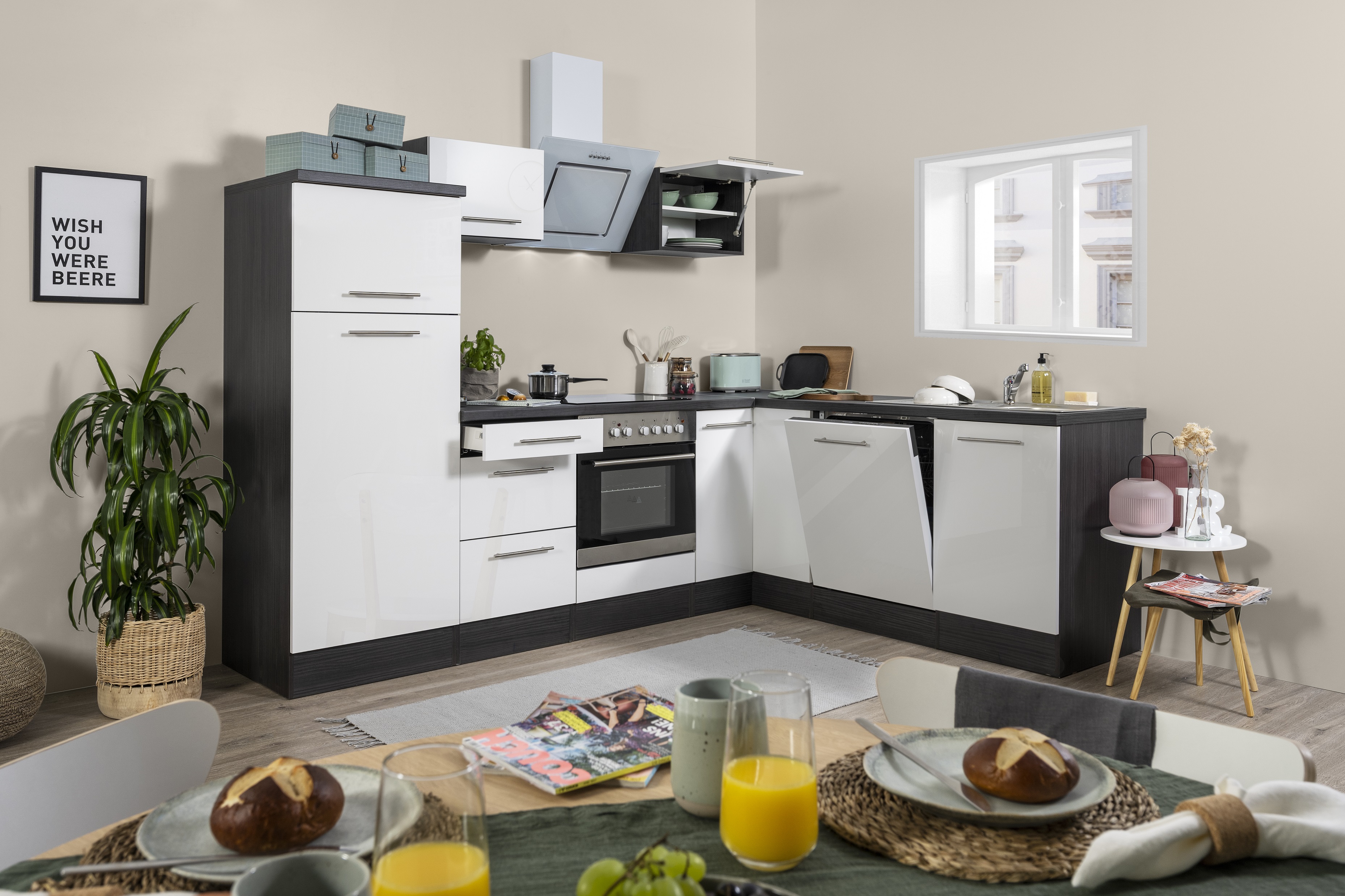 Winkelküche Küchenzeile Küche L-Form Einbauküche 260x200 cm respekta Eiche weiß