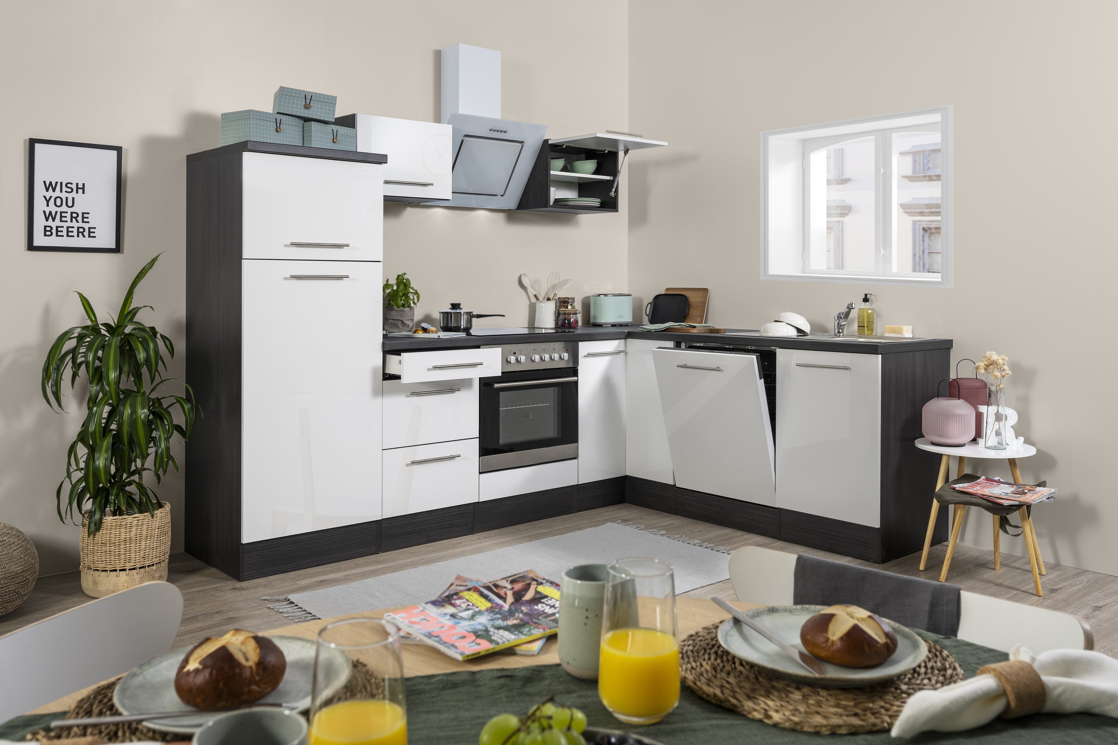 Angle kitchen kitchenette kitchen L-shape fitted kitchen 260x200 cm respekta oak white