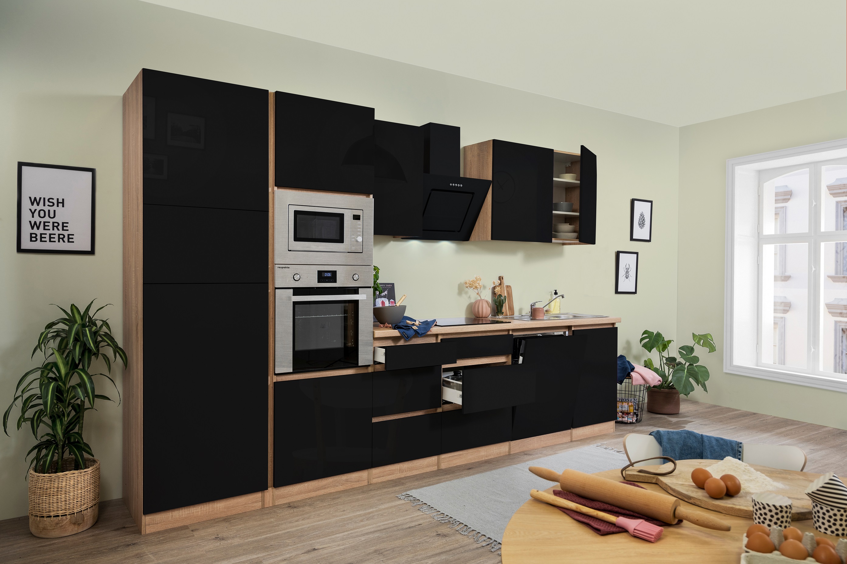 respekta Kitchenette bloc cuisine sans poignée 345 cm Chêne Sonoma noir