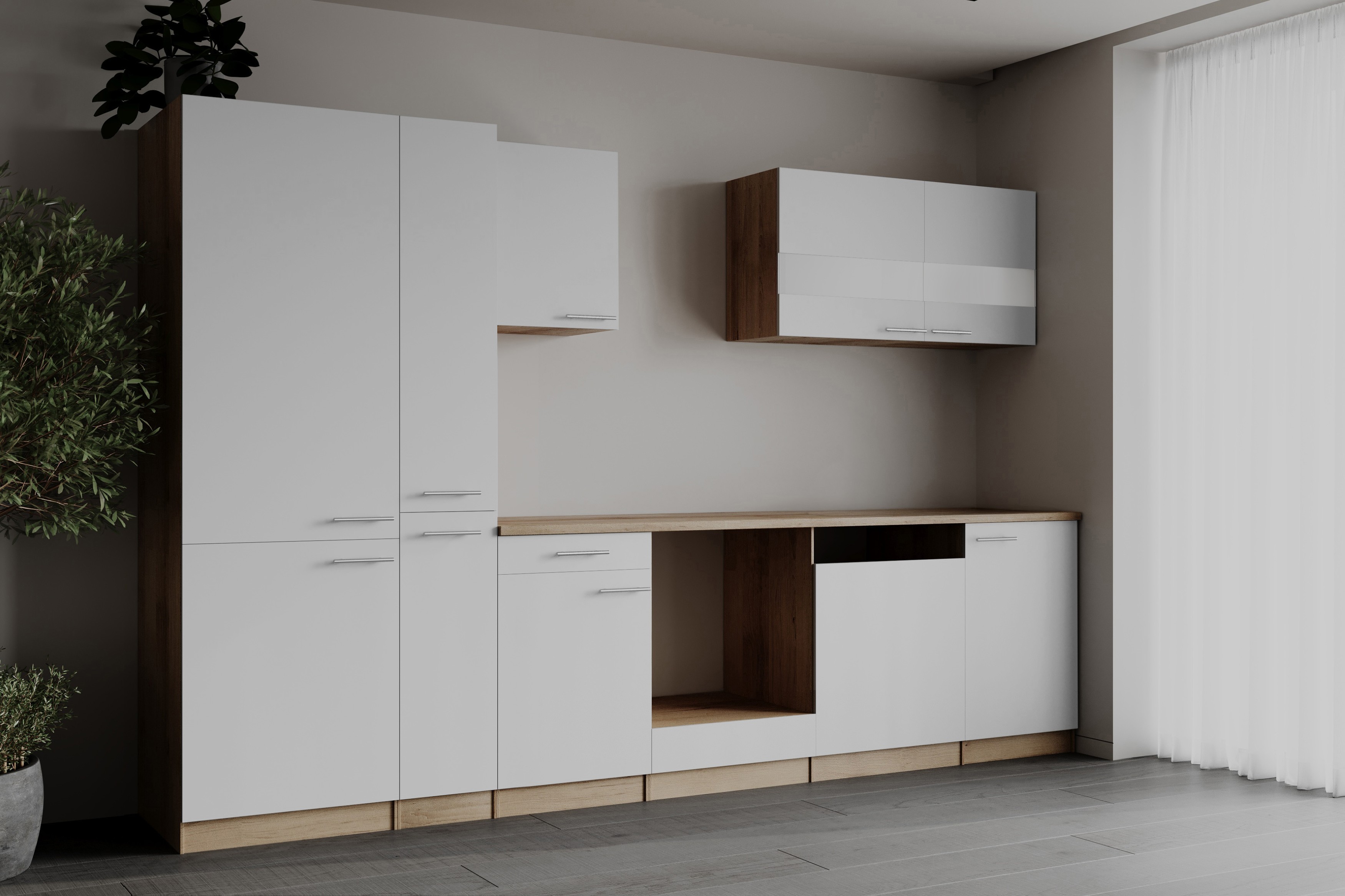 Einbauküche Küchenzeile Leerblock Eiche Sägerau Weiß Merle 310 cm Respekta