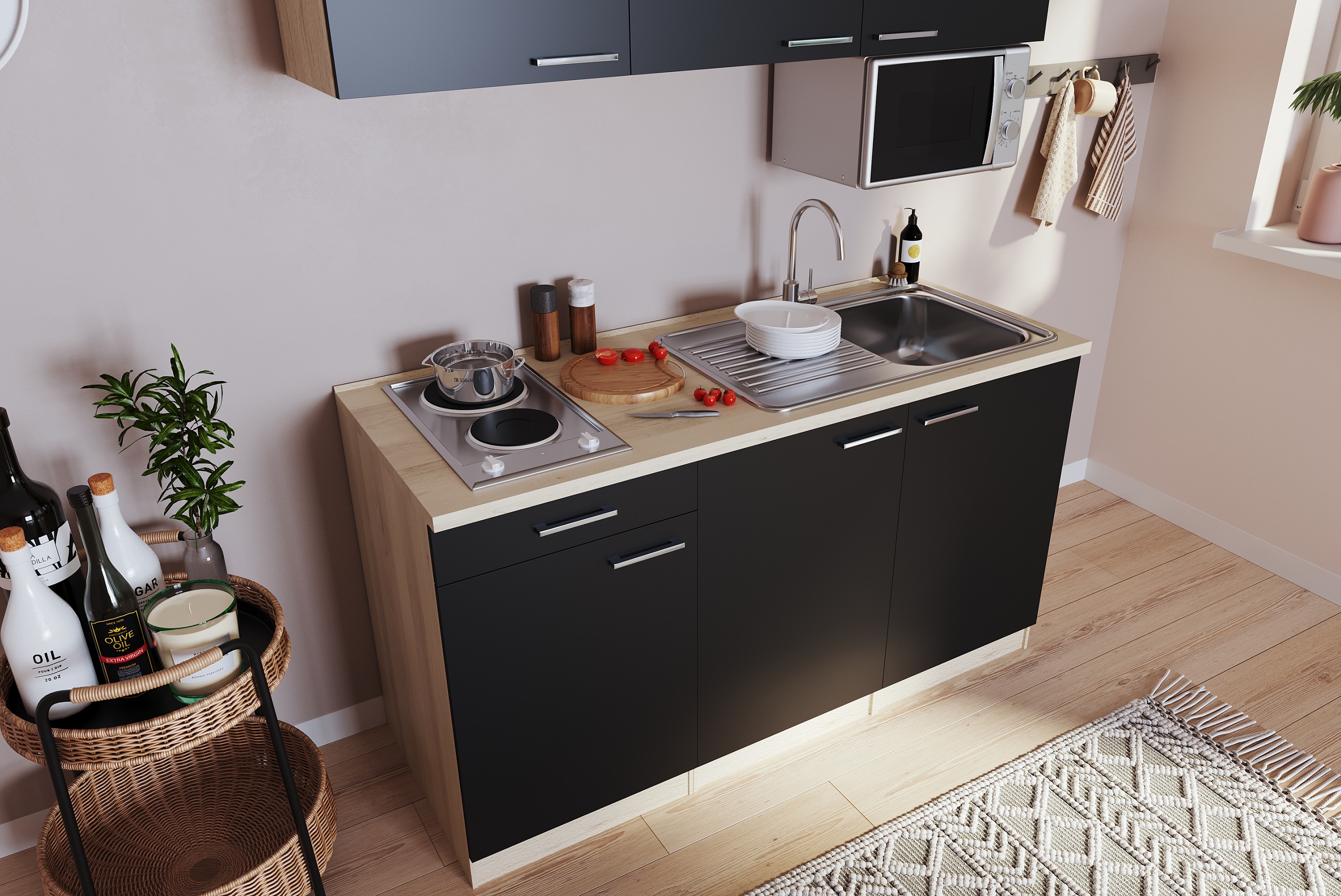 Mini cucina Respecta Luis 150 cm rovere segato grezzo nero senza frigorifero singolo