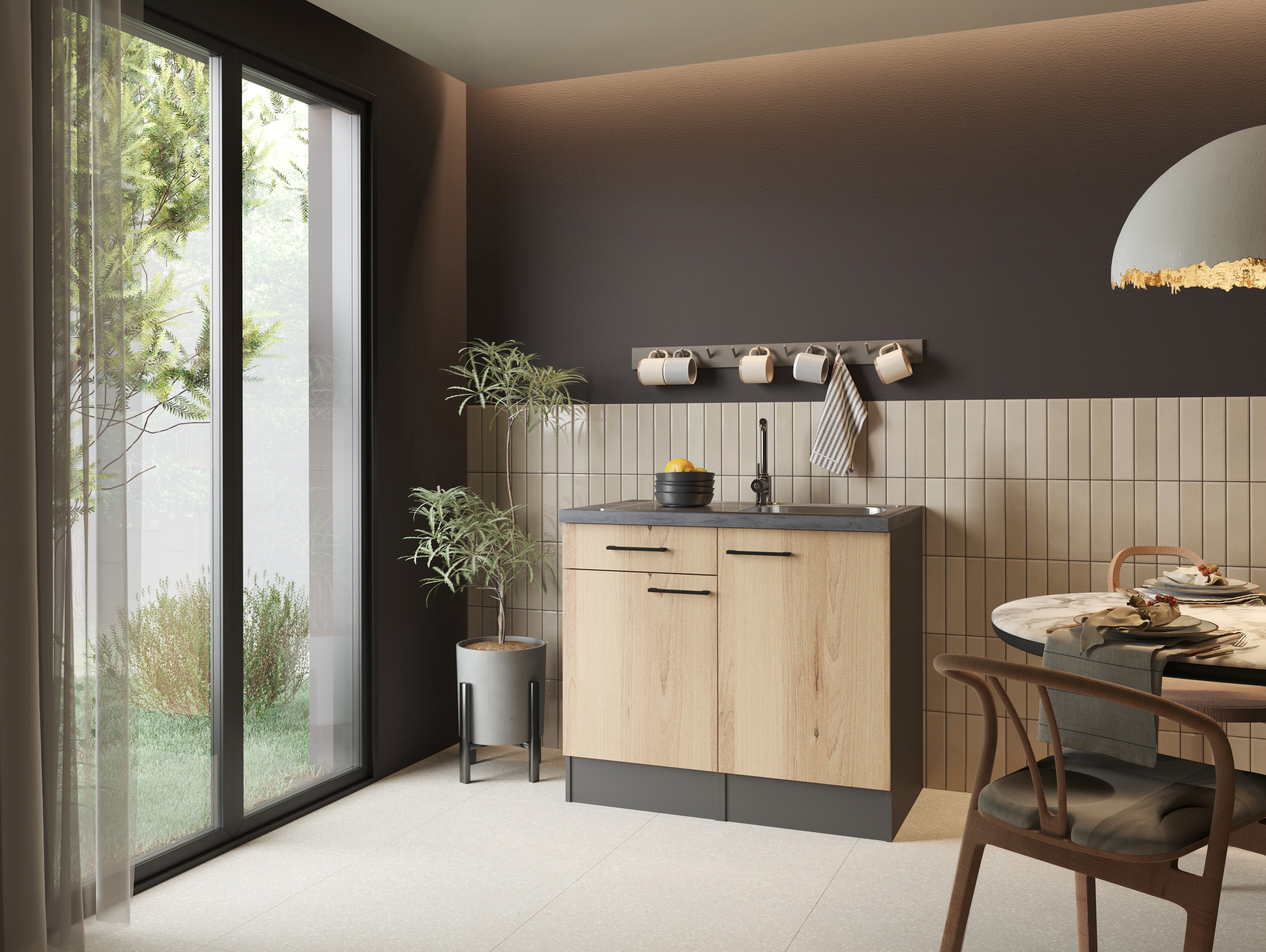 Spülenschrank Küchenschrank Schublade 100 cm Artisan Eiche Grau Oliver Respekta