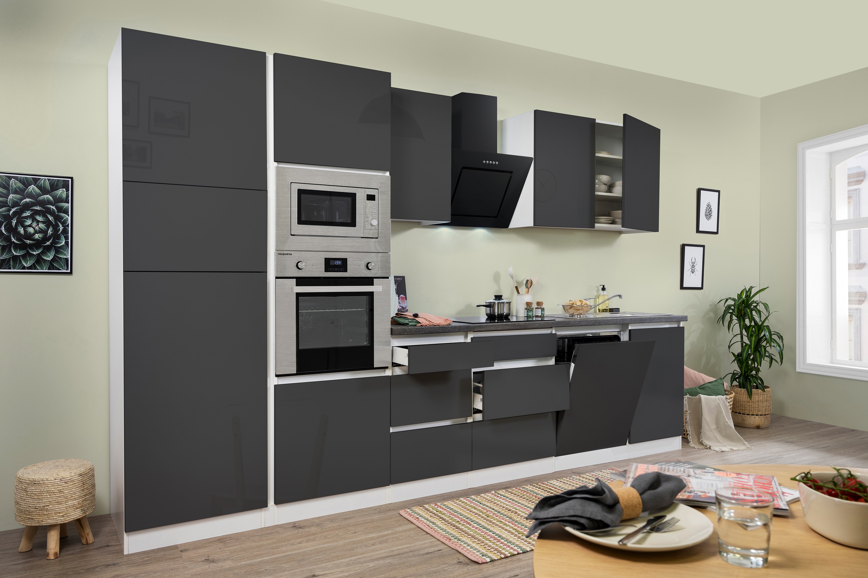 respekta Cuisine Kitchenette bloc de cuisine sans poignées Cuisine intégrée 345 cm blanc gris