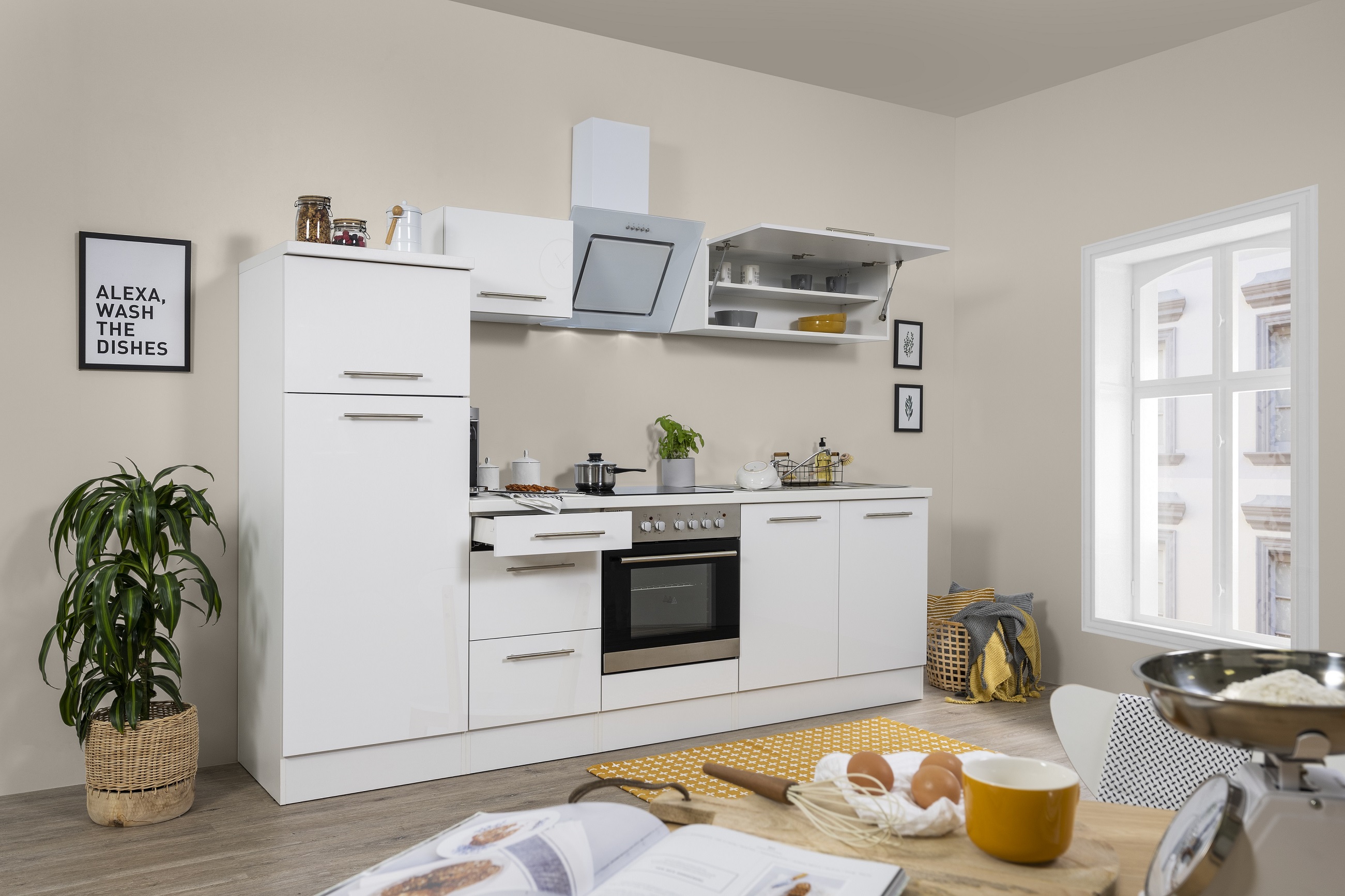 respekta Küchenzeile Küche Küchenblock Einbauküche Komplett Hochglanz 270cm weiß