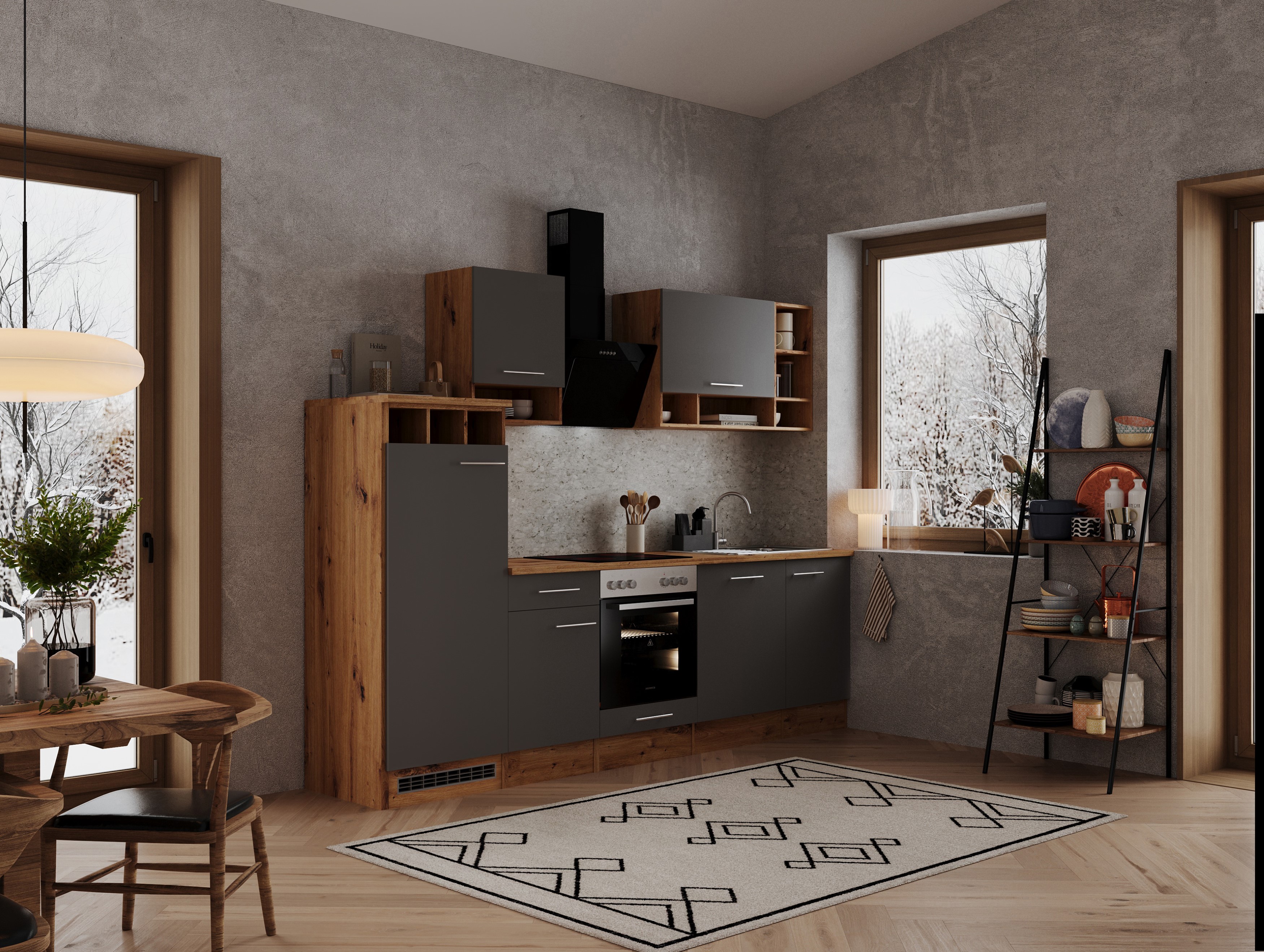 Küche Küchenzeile Leerblock Einbauküche Eiche Grau Hilde 280 cm  Respekta Küche Küchenzeile Leerblock Einbauküche Eiche Grau Hilde 280 cm  Respekta