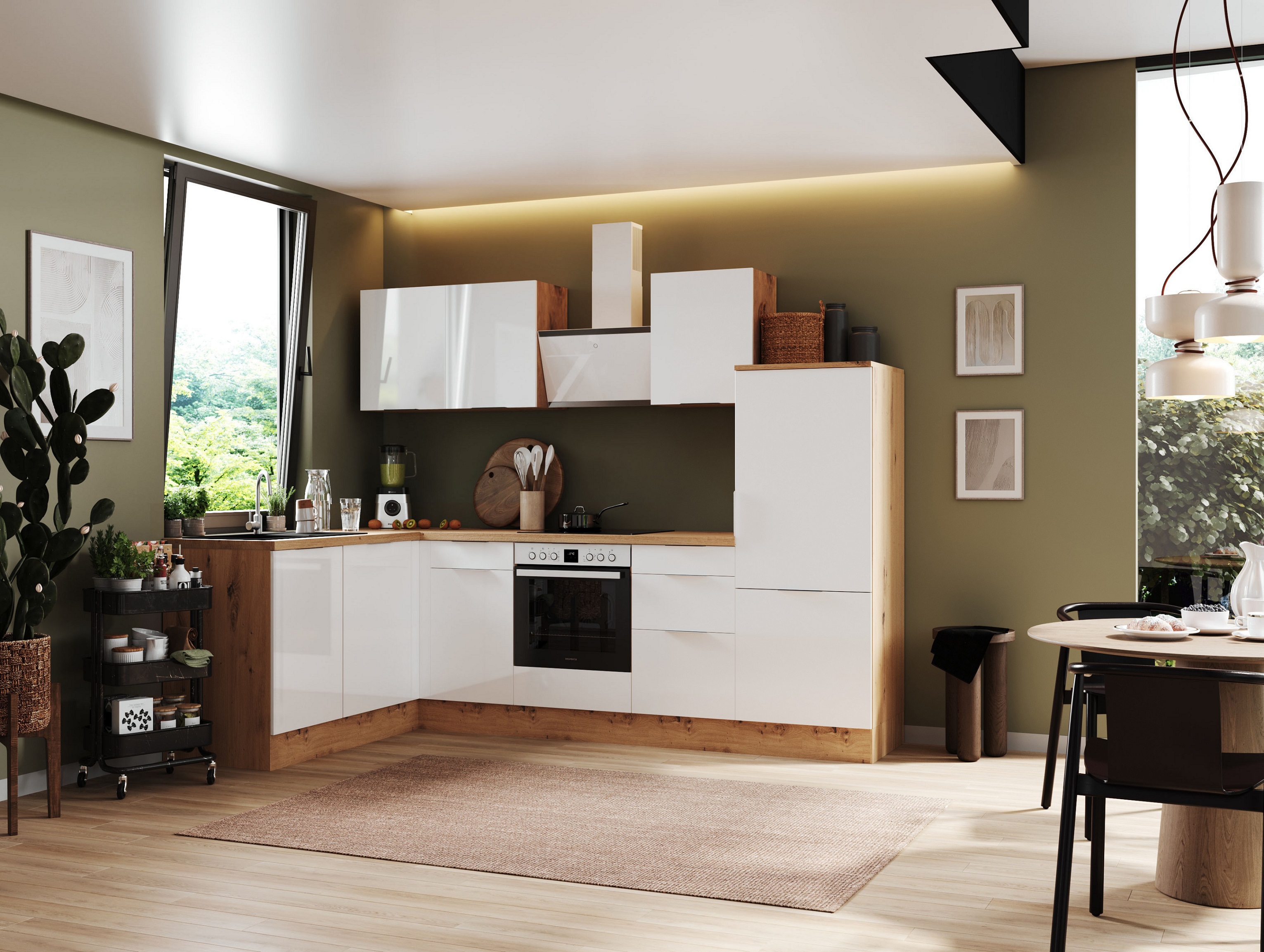 Küche vormontierte L - Küche 280 x 175 cm wechselseitig aufbaubar incl. Geräte Respekta Selection Elisabeth Weiß 