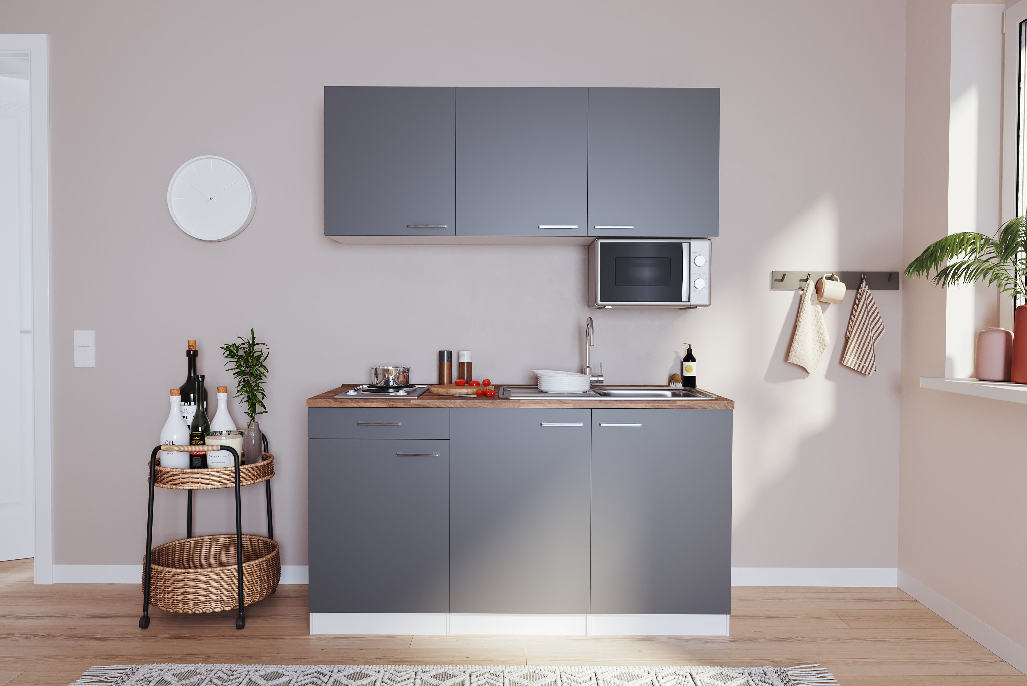 Respekta Miniküche Luis 150 cm weiß grau ohne Kühlschrank Singleküche Küche
