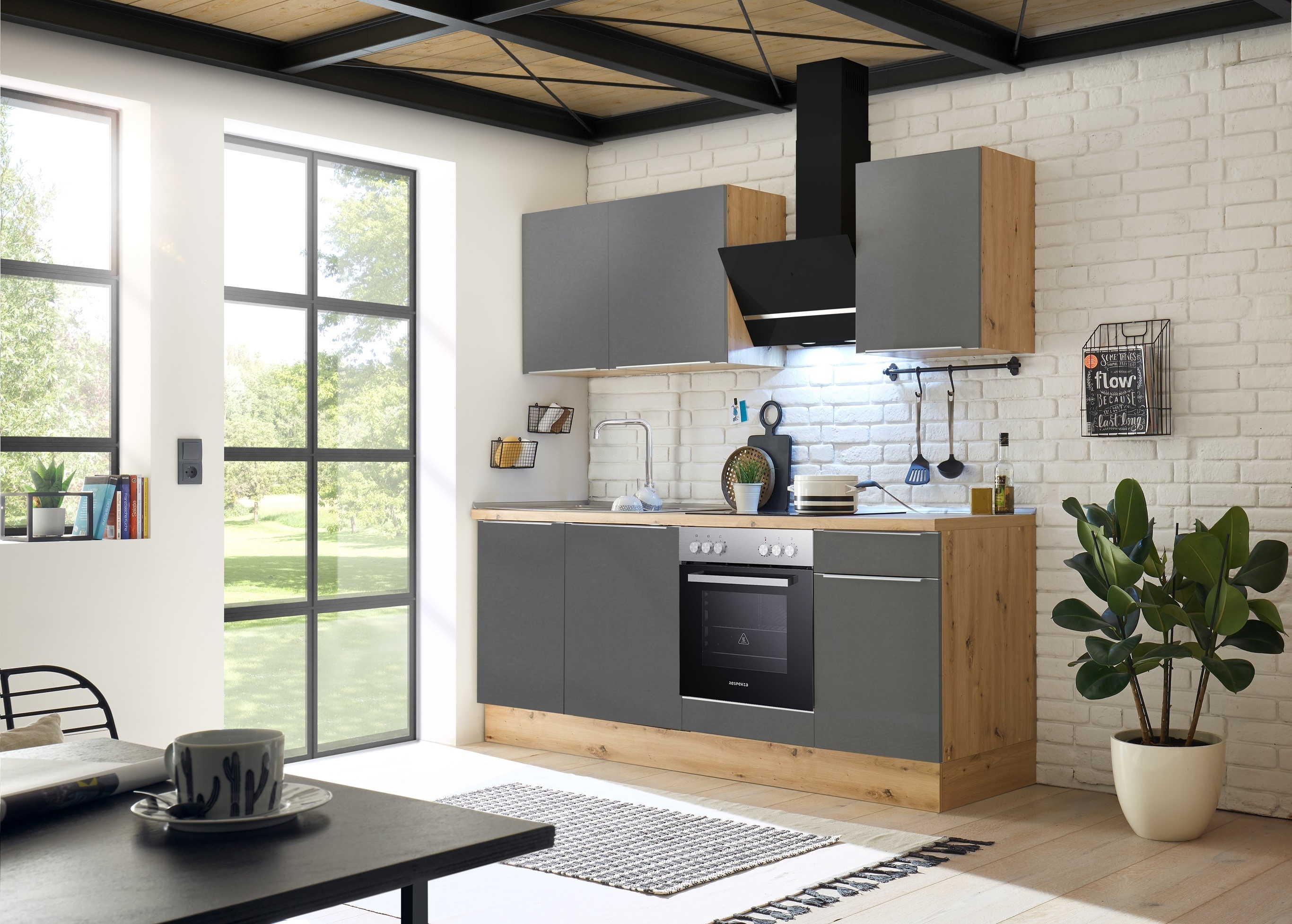 Küche Küchenzeile Küchenblock Marleen Premium 220 cm Grau Artisan Eiche Respekta