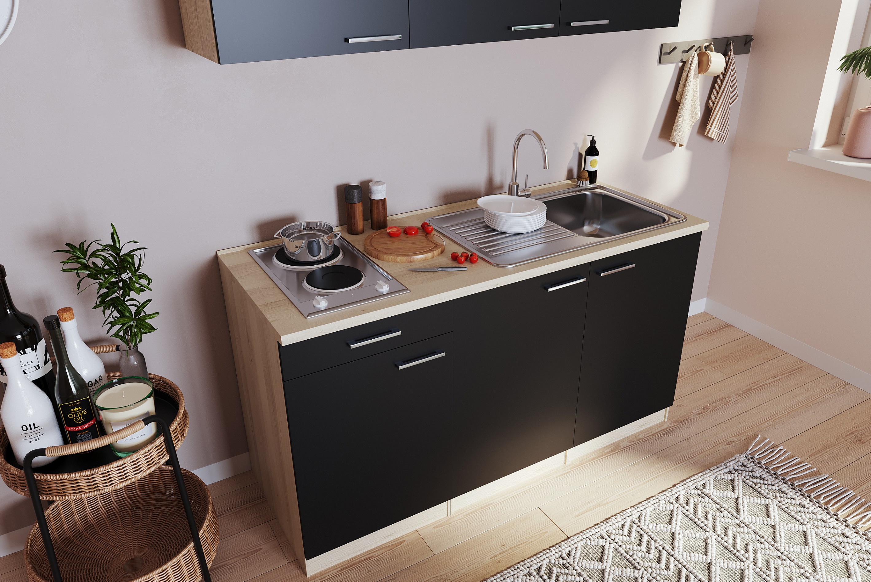 Mini cucina Respecta Luis 150 cm rovere segato grezzo nero senza frigorifero singolo