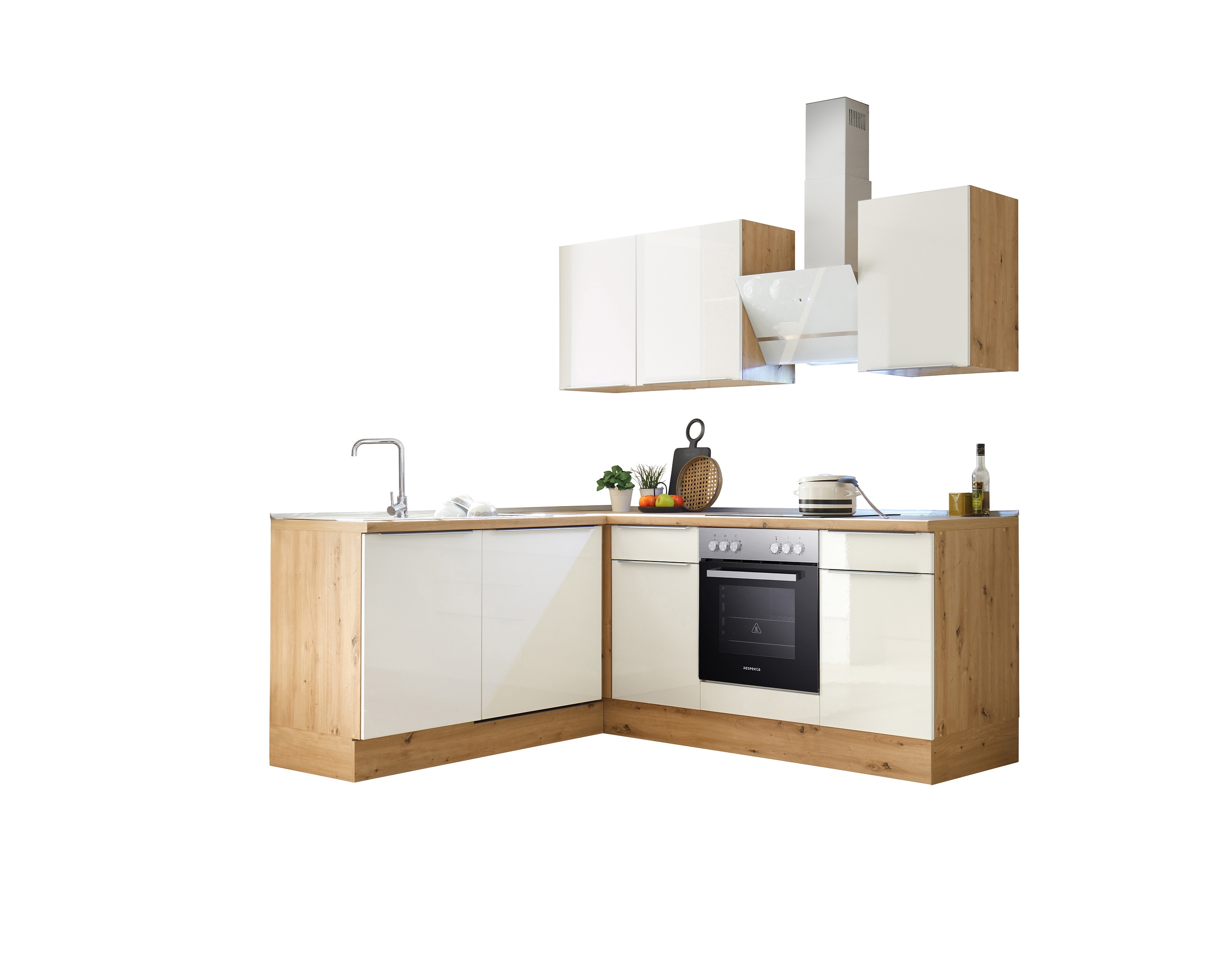 Küche Küchenzeile Winkelküche Marleen Premium 220 cm Weiß Artisan Eiche  Respekta | 176654276