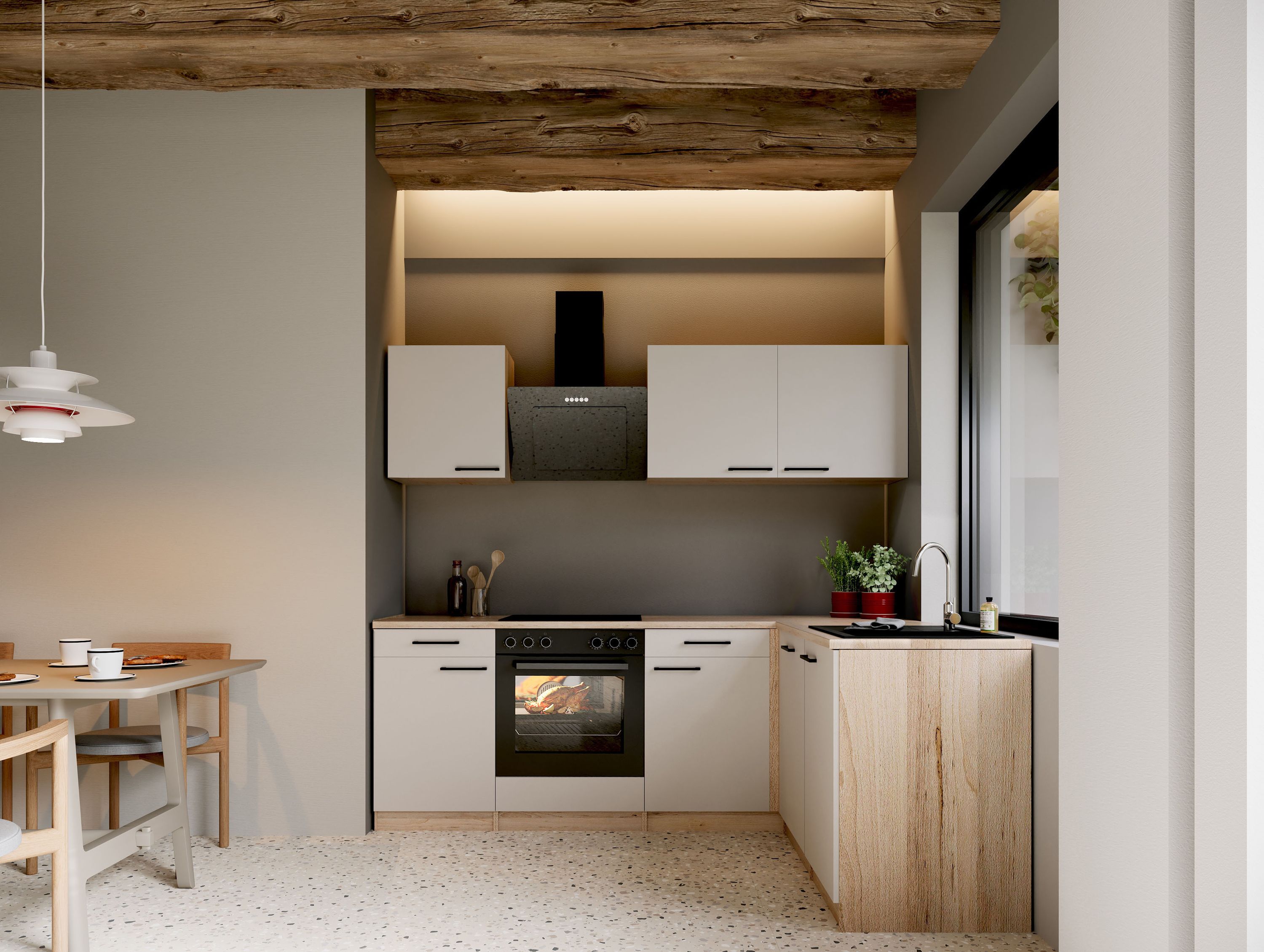 Respekta Küche L-Küchenzeile Merle Küchenblock 220 cm mit Fronten in – Kaschmir / Eiche Sägerau Nachbildung